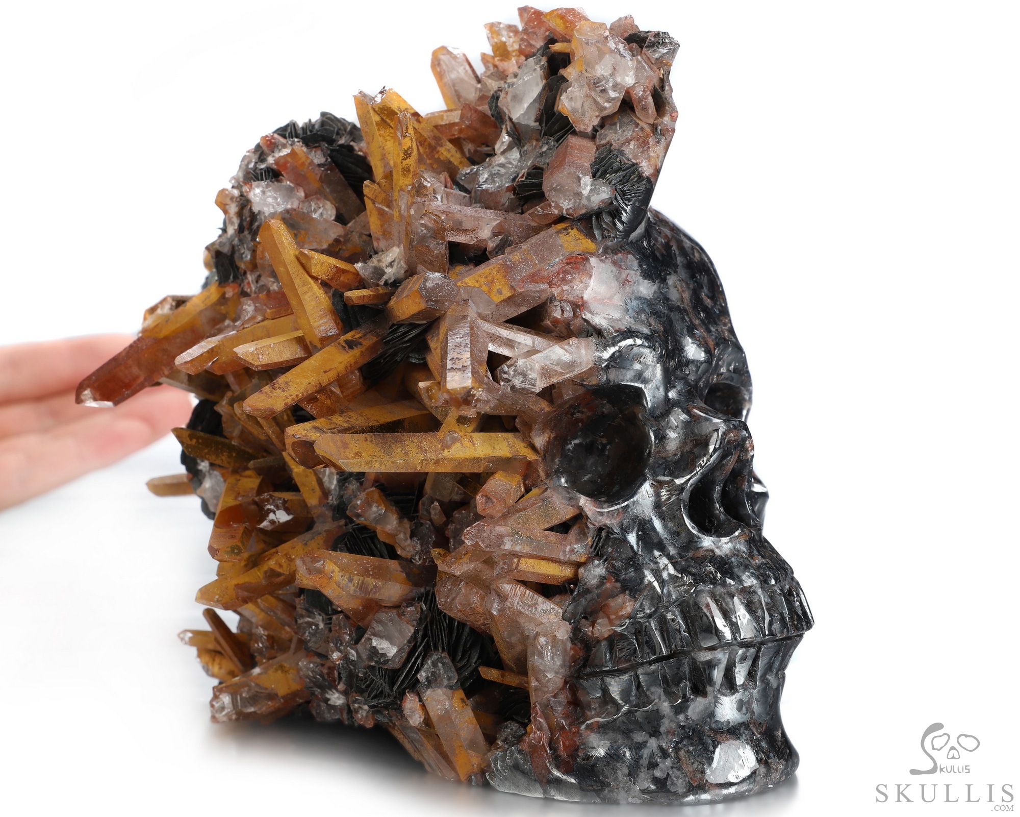 Lifesized 5.9" Limonite and Quartz Druse Hand Carved Crystal Skull, Crystal Healing Lifesized 5.9" Limonite and Quartz Druse Hand Carved Crystal Skull, Crystal Healing