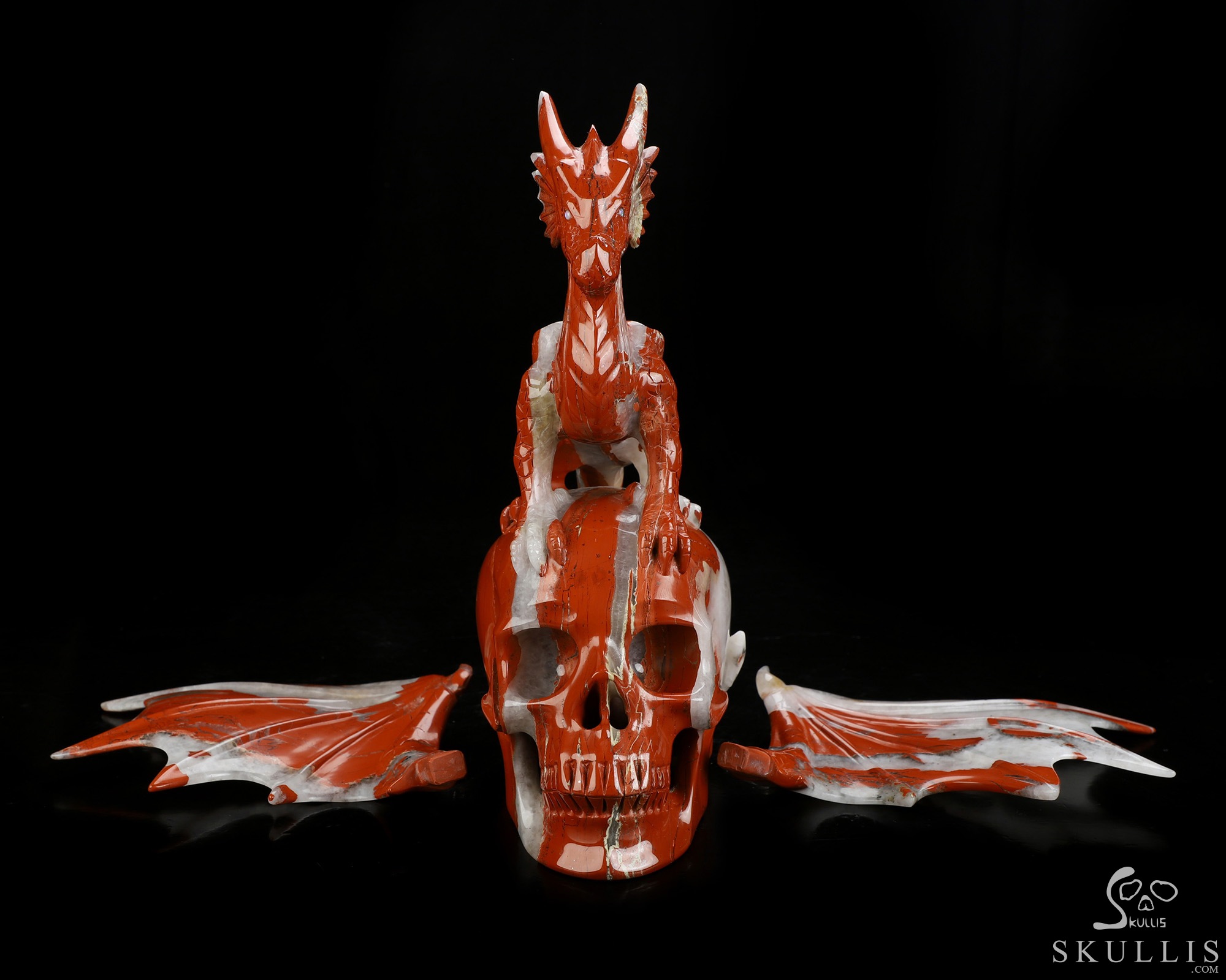 9.4" Red Jasper Hand Carved Crystal Skull and Dragon, Detachable Wings, Fine Art Sculpture, Crystal Healing 9.4" Red Jasper Hand Carved Crystal Skull and Dragon, Detachable Wings, Fine Art Sculpture, Crystal Healing
