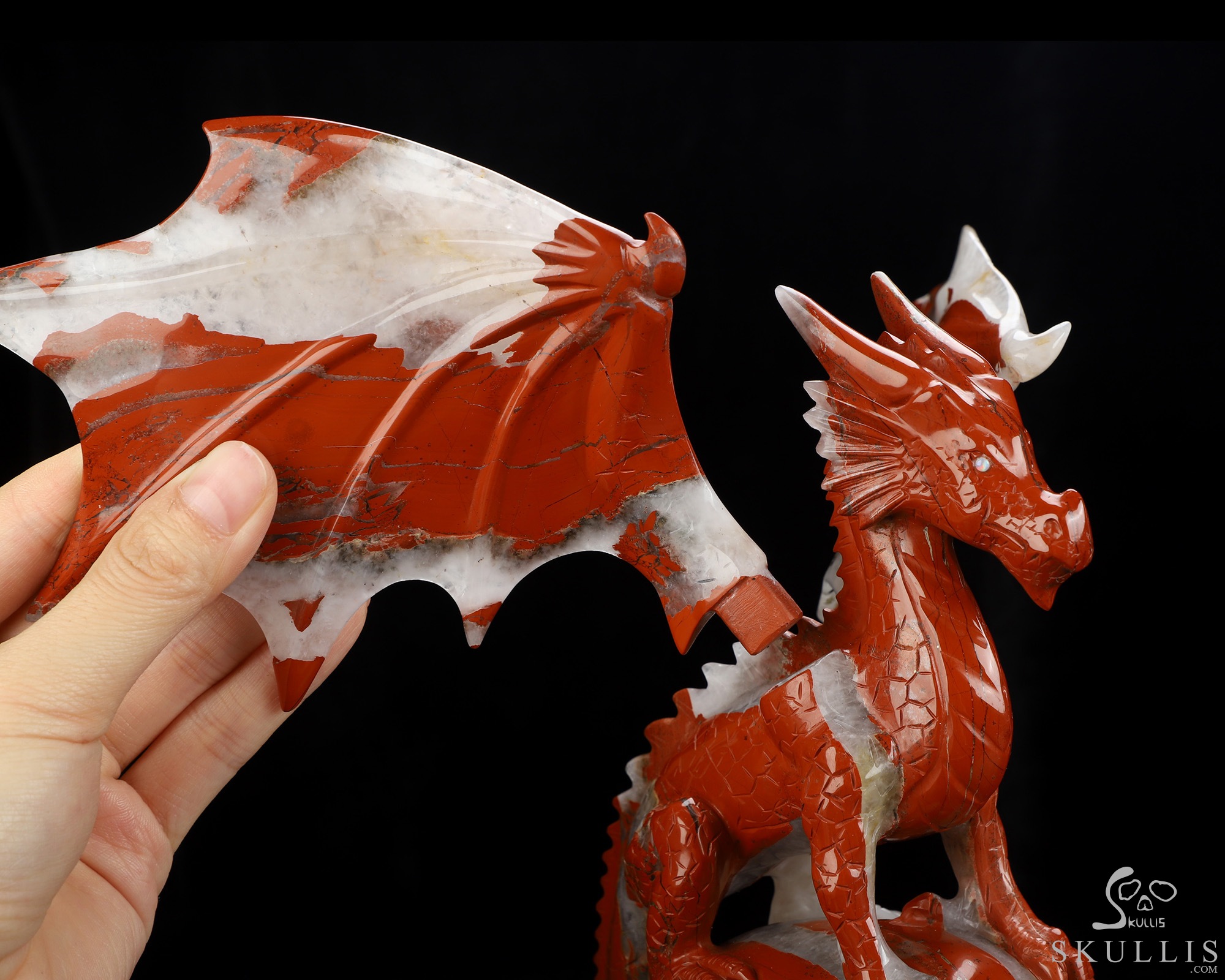 9.4" Red Jasper Hand Carved Crystal Skull and Dragon, Detachable Wings, Fine Art Sculpture, Crystal Healing 9.4" Red Jasper Hand Carved Crystal Skull and Dragon, Detachable Wings, Fine Art Sculpture, Crystal Healing