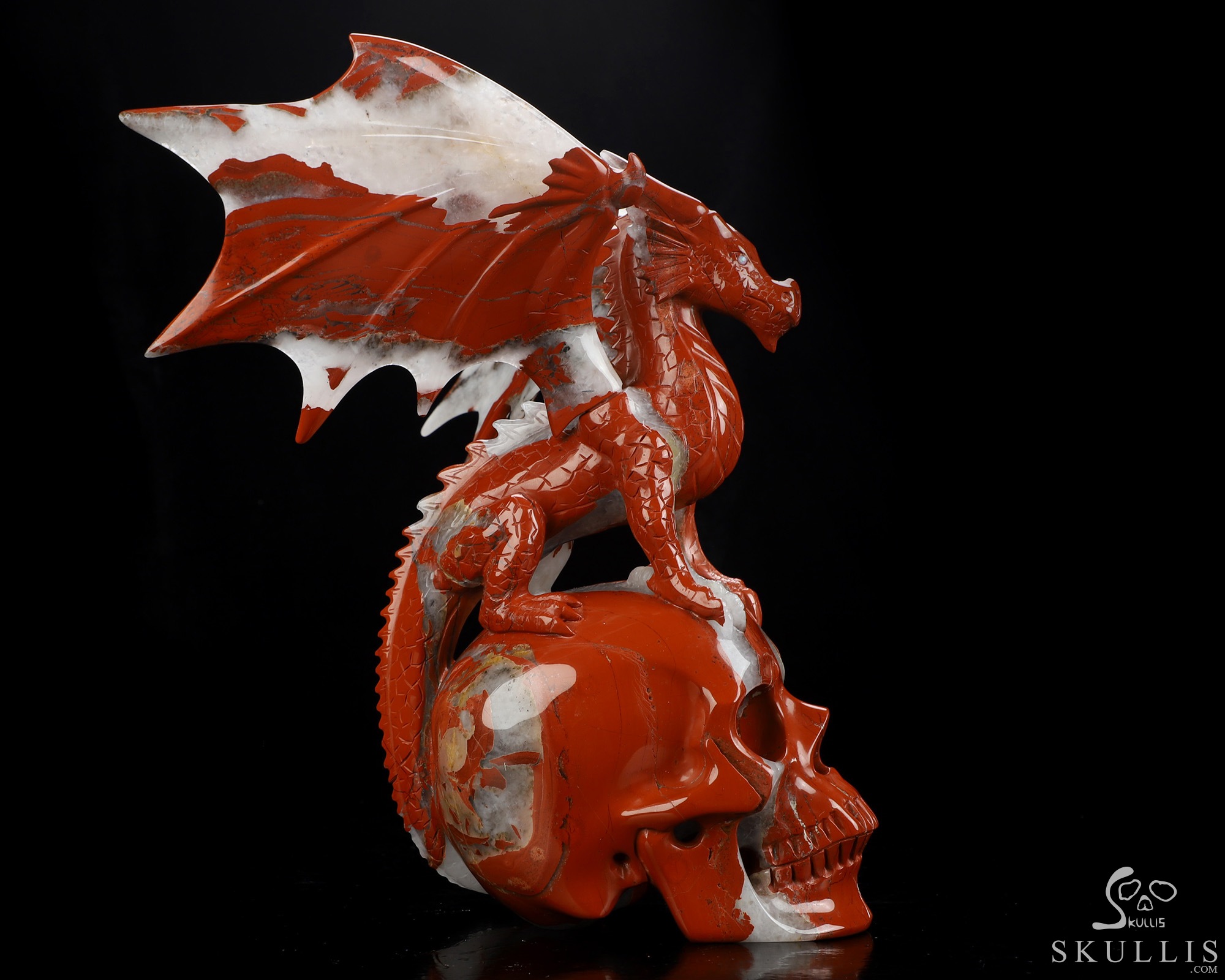 9.4" Red Jasper Hand Carved Crystal Skull and Dragon, Detachable Wings, Fine Art Sculpture, Crystal Healing 9.4" Red Jasper Hand Carved Crystal Skull and Dragon, Detachable Wings, Fine Art Sculpture, Crystal Healing