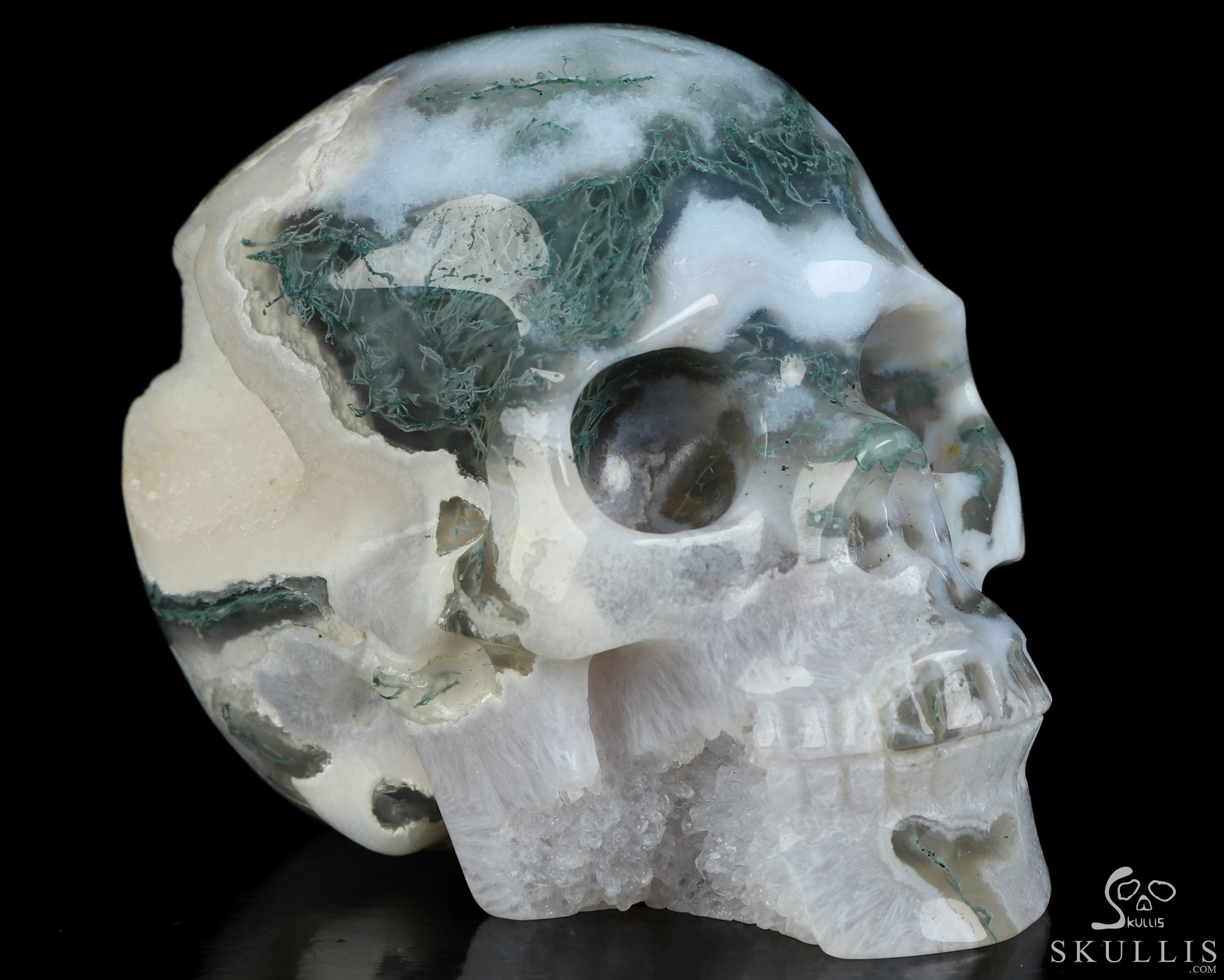 3.5" Green Moss Agate Geode Hand Carved Crystal Skull, Realistic, Crystal Healing 3.5" Green Moss Agate Geode Hand Carved Crystal Skull, Realistic, Crystal Healing