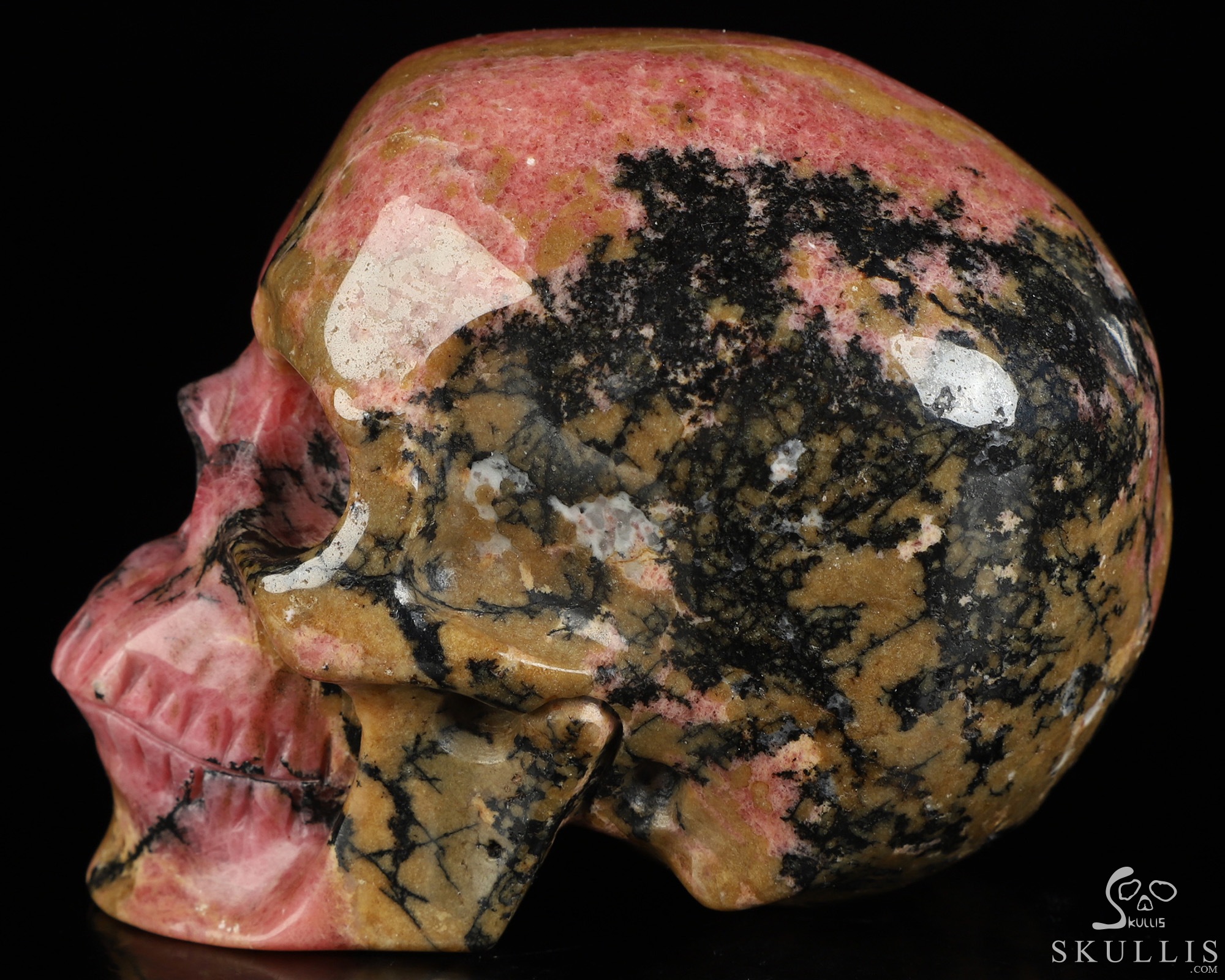 3.5" Pink & Black Rhodonite Hand Carved Crystal Skull, Realistic, Crystal Healing 3.5" Pink & Black Rhodonite Hand Carved Crystal Skull, Realistic, Crystal Healing