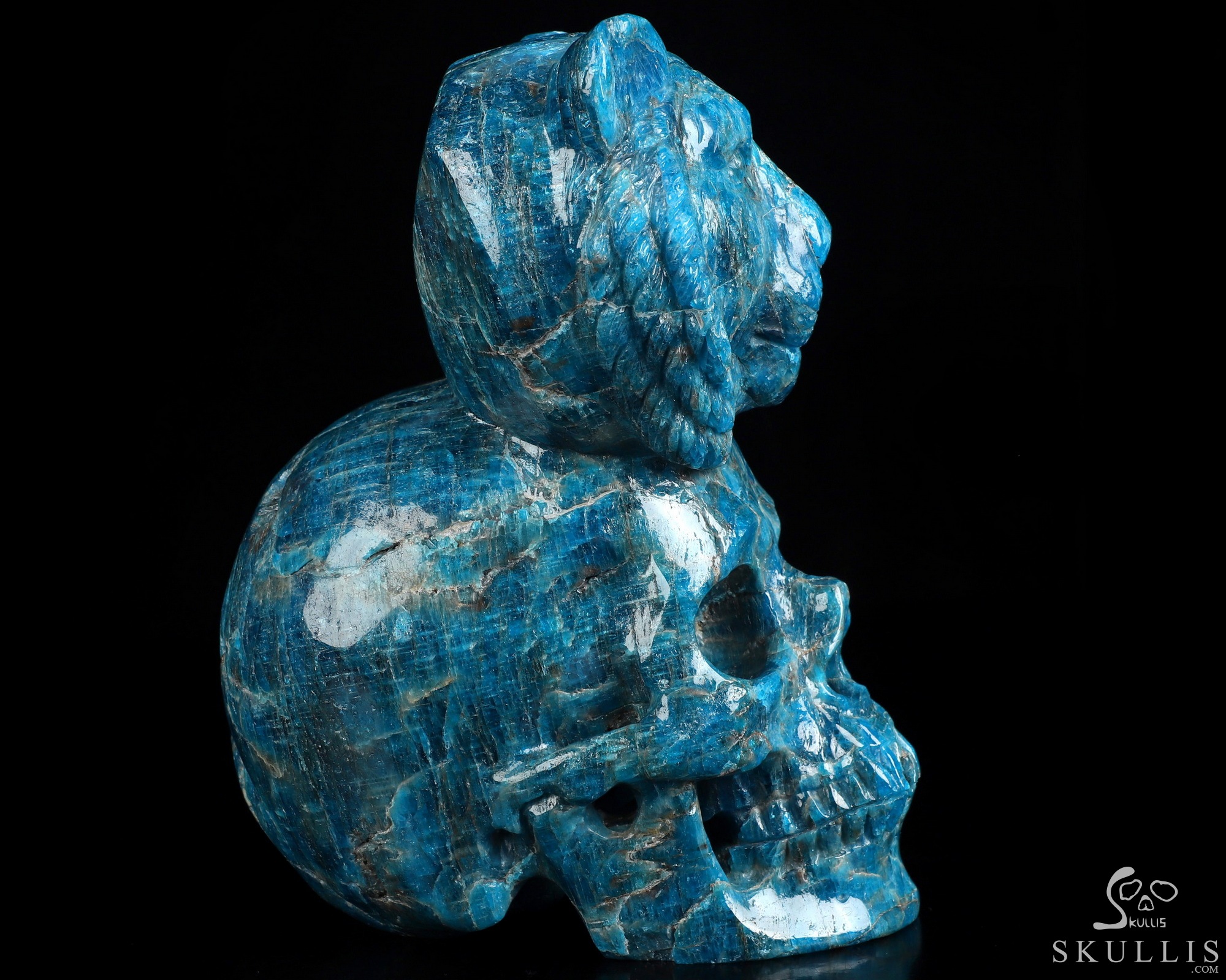 6.5" Blue Apatite Hand Carved Crystal Skull and Lion Fine Art Sculpture, Crystal Healing 6.5" Blue Apatite Hand Carved Crystal Skull and Lion Fine Art Sculpture, Crystal Healing