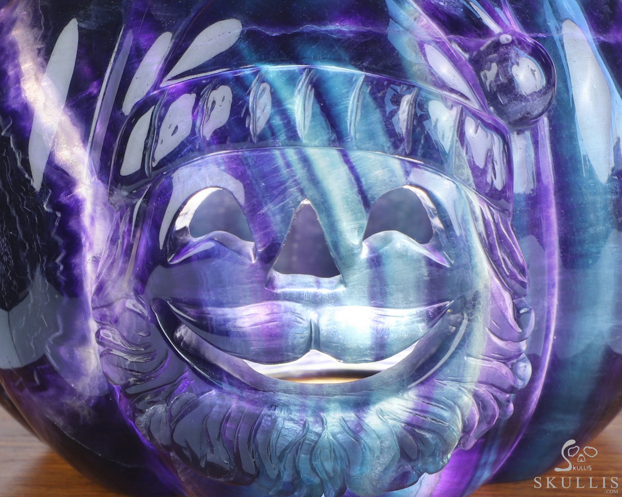 5.3" Fluorite Hand Carved Jack-O'-Lantern Pumpkin Hollow Crystal Skull Lamp/Light, Crystal Healing 5.3" Fluorite Hand Carved Jack-O'-Lantern Pumpkin Hollow Crystal Skull Lamp/Light, Crystal Healing