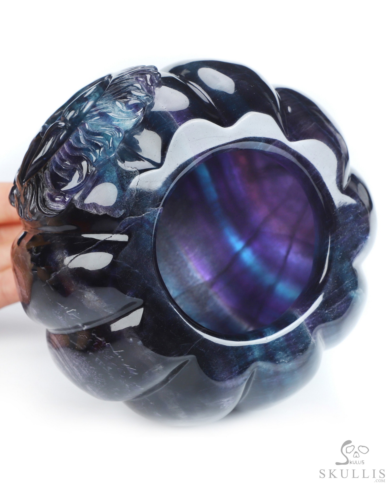 5.3" Fluorite Hand Carved Jack-O'-Lantern Pumpkin Hollow Crystal Skull Lamp/Light, Crystal Healing 5.3" Fluorite Hand Carved Jack-O'-Lantern Pumpkin Hollow Crystal Skull Lamp/Light, Crystal Healing