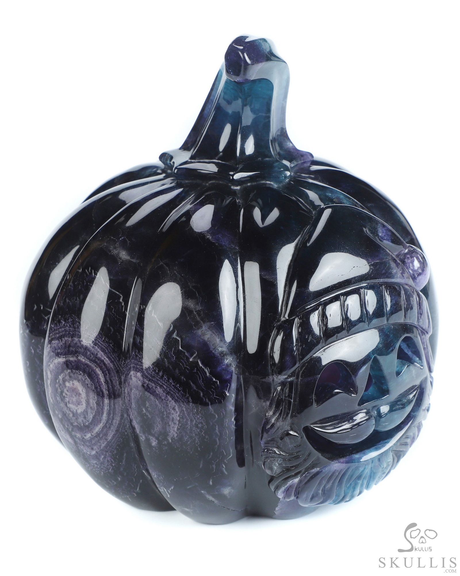 5.3" Fluorite Hand Carved Jack-O'-Lantern Pumpkin Hollow Crystal Skull Lamp/Light, Crystal Healing 5.3" Fluorite Hand Carved Jack-O'-Lantern Pumpkin Hollow Crystal Skull Lamp/Light, Crystal Healing