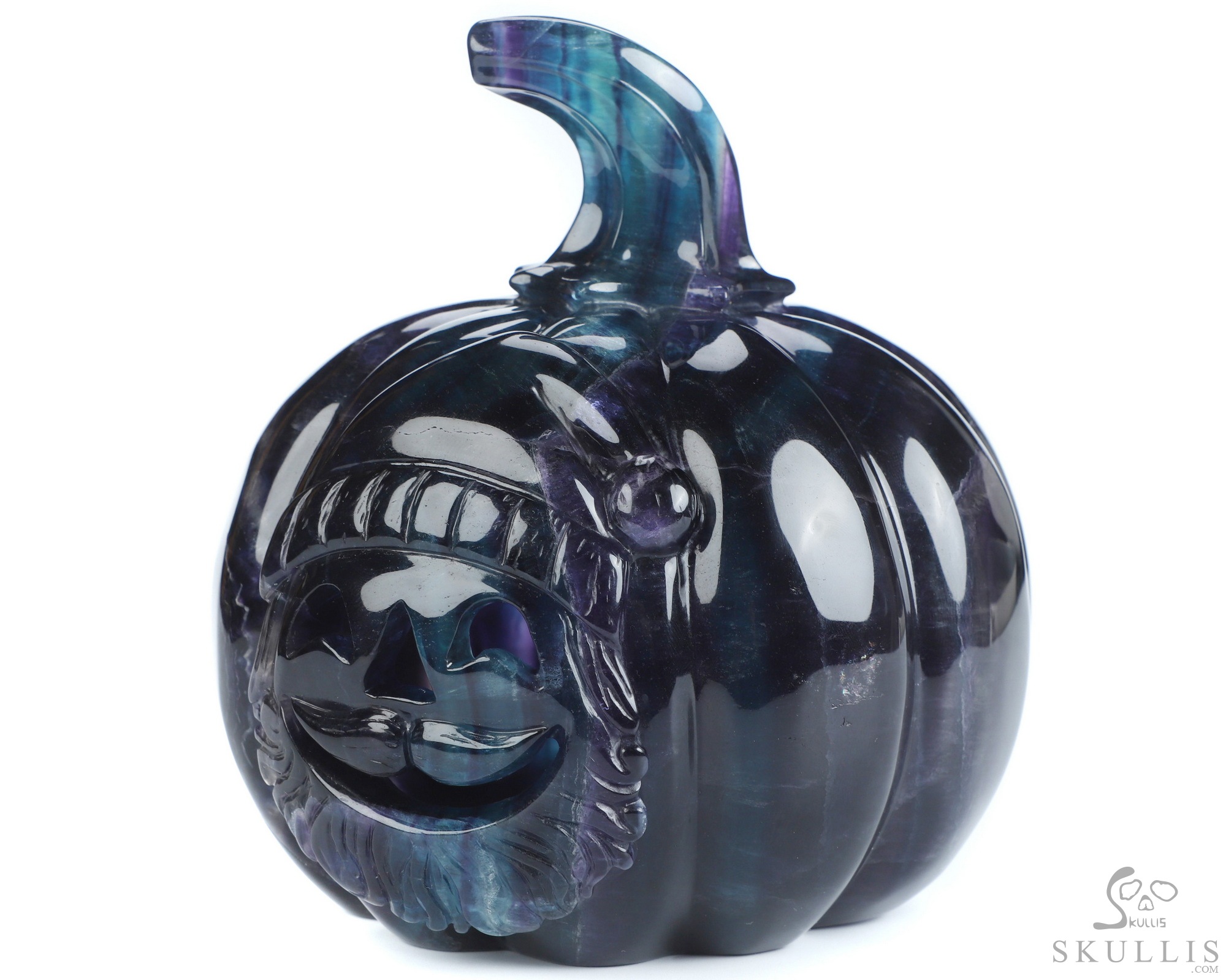 5.3" Fluorite Hand Carved Jack-O'-Lantern Pumpkin Hollow Crystal Skull Lamp/Light, Crystal Healing 5.3" Fluorite Hand Carved Jack-O'-Lantern Pumpkin Hollow Crystal Skull Lamp/Light, Crystal Healing