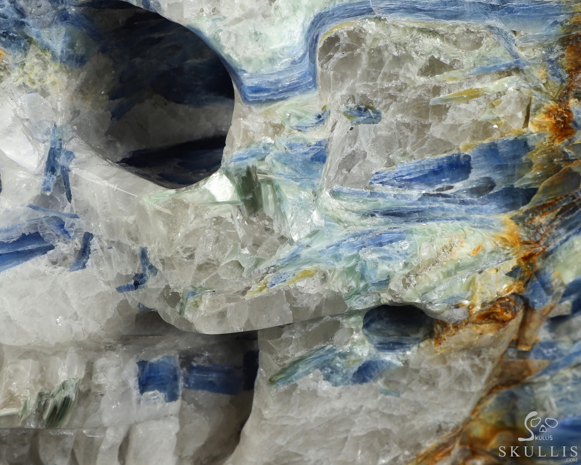 Gemstone 9.8" Kyanite Hand Carved Crystal Skull Fine Art Sculpture, Crystal Healing Gemstone 9.8" Kyanite Hand Carved Crystal Skull Fine Art Sculpture, Crystal Healing