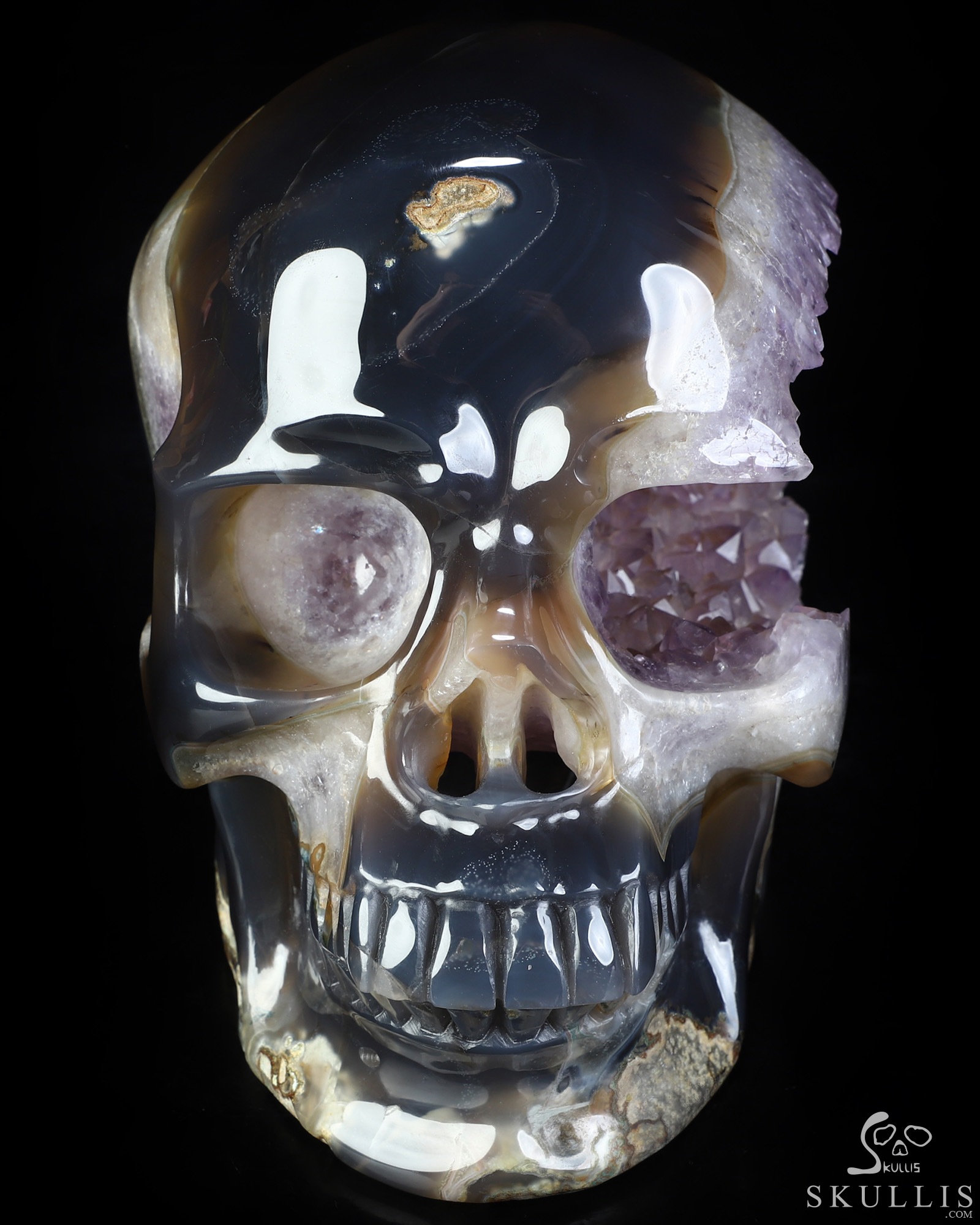 Lifesized 7.5" Agate Amethyst Geode Hand Carved Crystal Skull, Super Realistic, Crystal Healing Lifesized 7.5" Agate Amethyst Geode Hand Carved Crystal Skull, Super Realistic, Crystal Healing