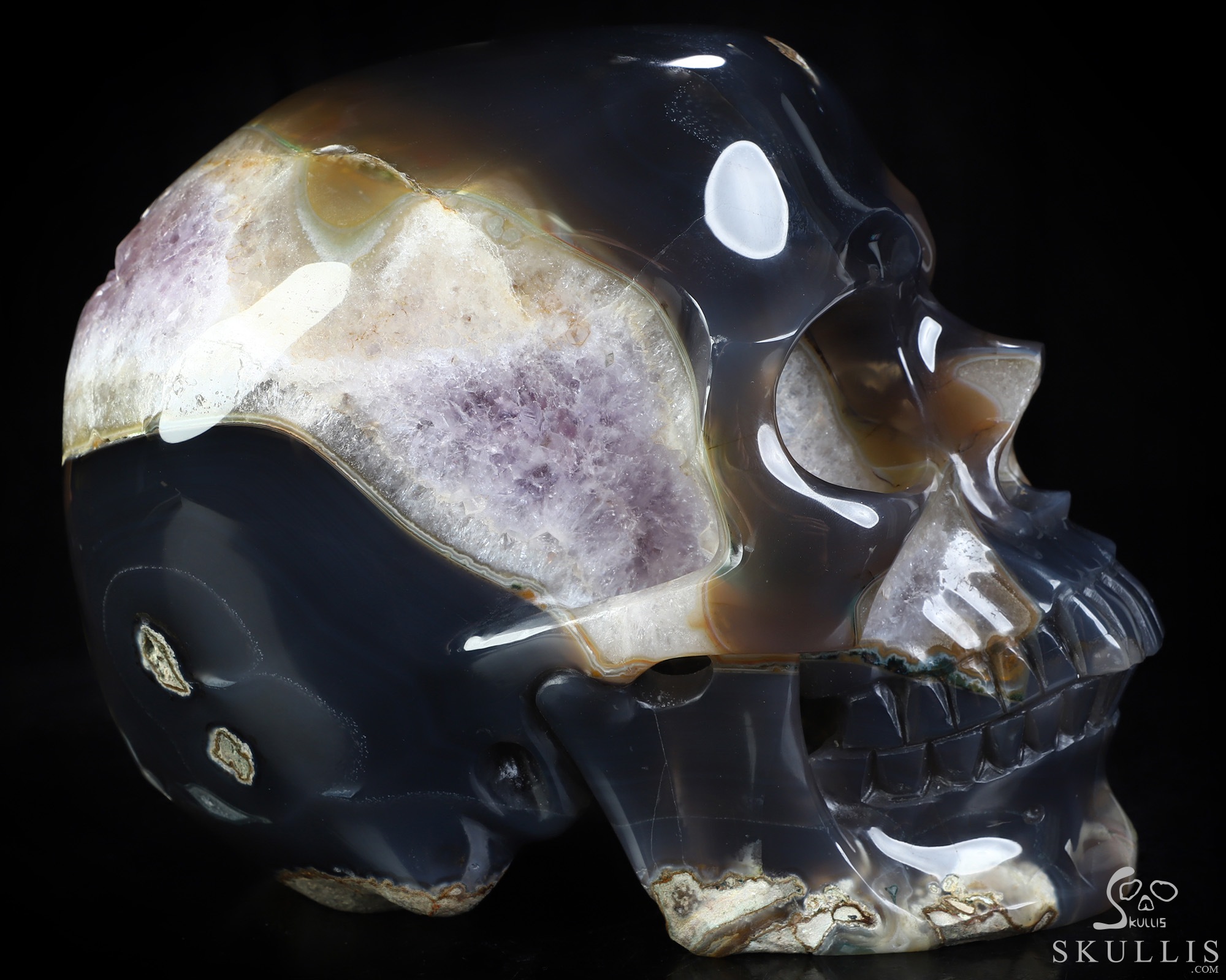 Lifesized 7.5" Agate Amethyst Geode Hand Carved Crystal Skull, Super Realistic, Crystal Healing Lifesized 7.5" Agate Amethyst Geode Hand Carved Crystal Skull, Super Realistic, Crystal Healing