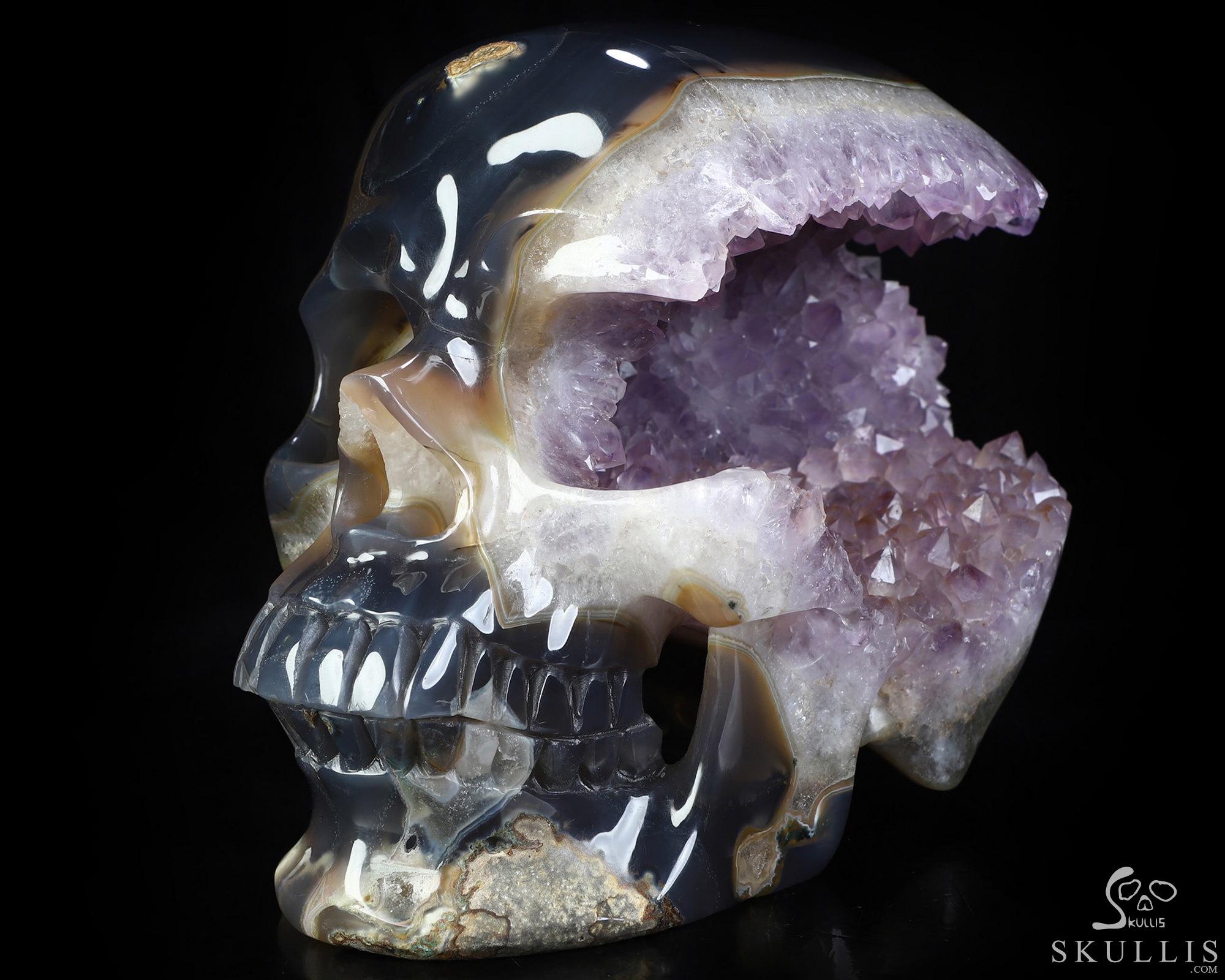 Lifesized 7.5" Agate Amethyst Geode Hand Carved Crystal Skull, Super Realistic, Crystal Healing Lifesized 7.5" Agate Amethyst Geode Hand Carved Crystal Skull, Super Realistic, Crystal Healing