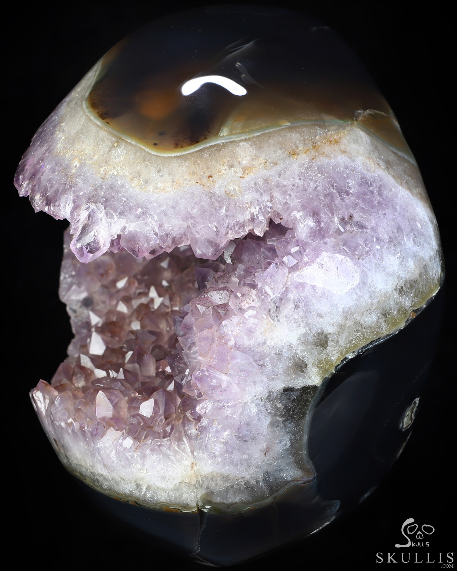 Lifesized 7.5" Agate Amethyst Geode Hand Carved Crystal Skull, Super Realistic, Crystal Healing Lifesized 7.5" Agate Amethyst Geode Hand Carved Crystal Skull, Super Realistic, Crystal Healing