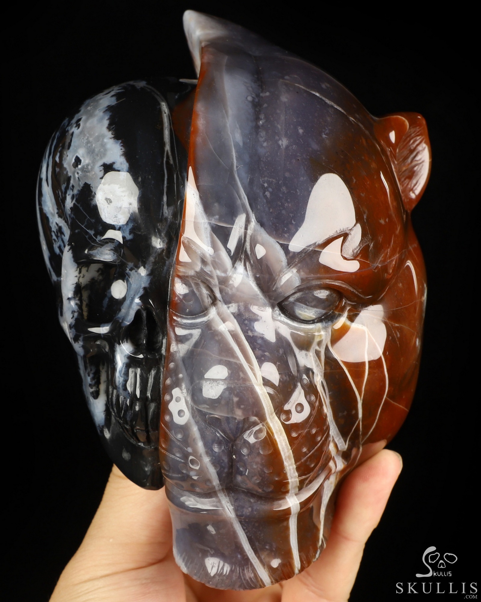 6.4" Black Zebra Agate Hand Carved Crystal Skull and Leopard Fine Art Sculpture, Crystal Healing 6.4" Black Zebra Agate Hand Carved Crystal Skull and Leopard Fine Art Sculpture, Crystal Healing