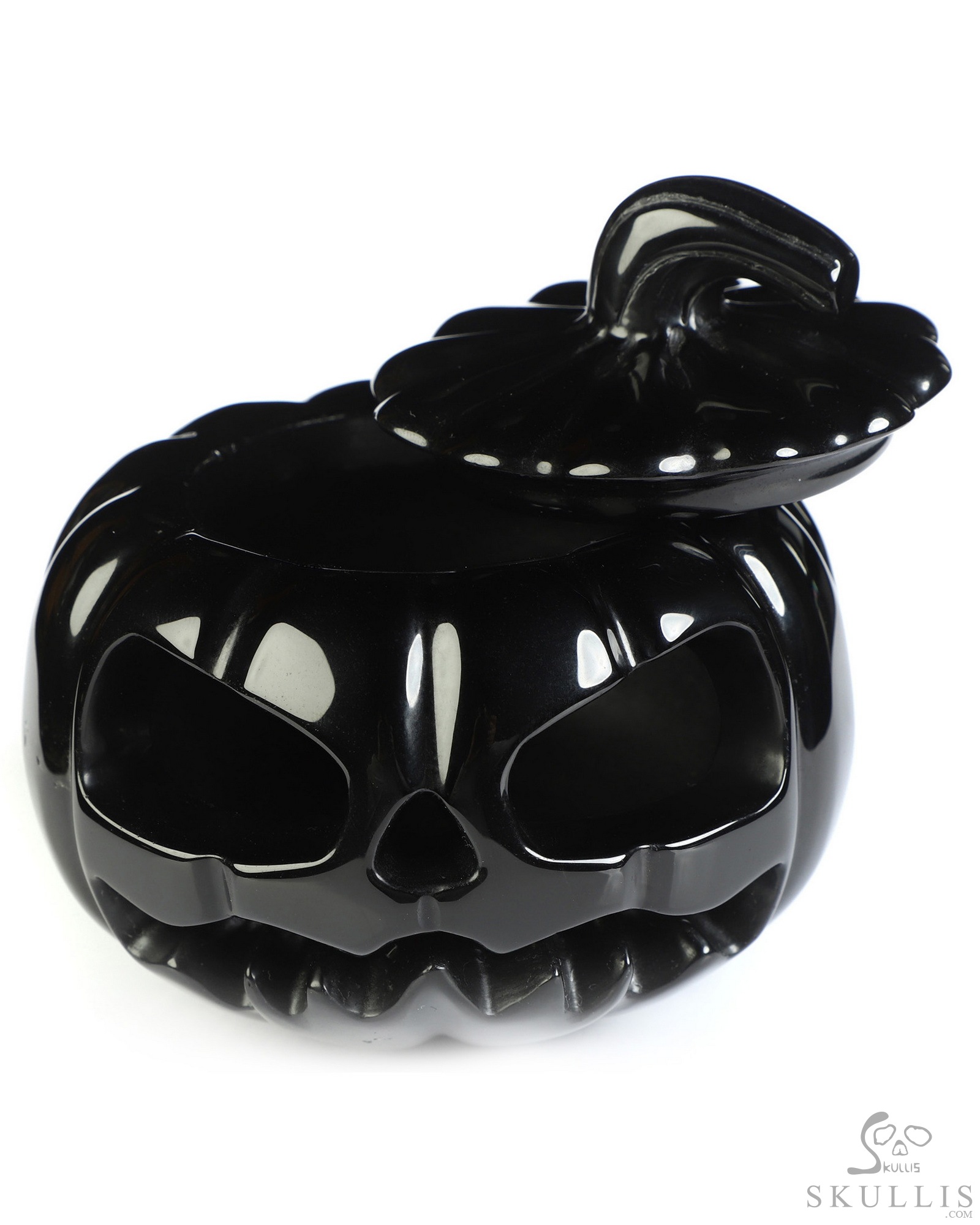 4.0" Black Obsidian Hand Carved Hollow Pumpkin Crystal Skull Sculpture, Crystal Healing 4.0" Black Obsidian Hand Carved Hollow Pumpkin Crystal Skull Sculpture, Crystal Healing