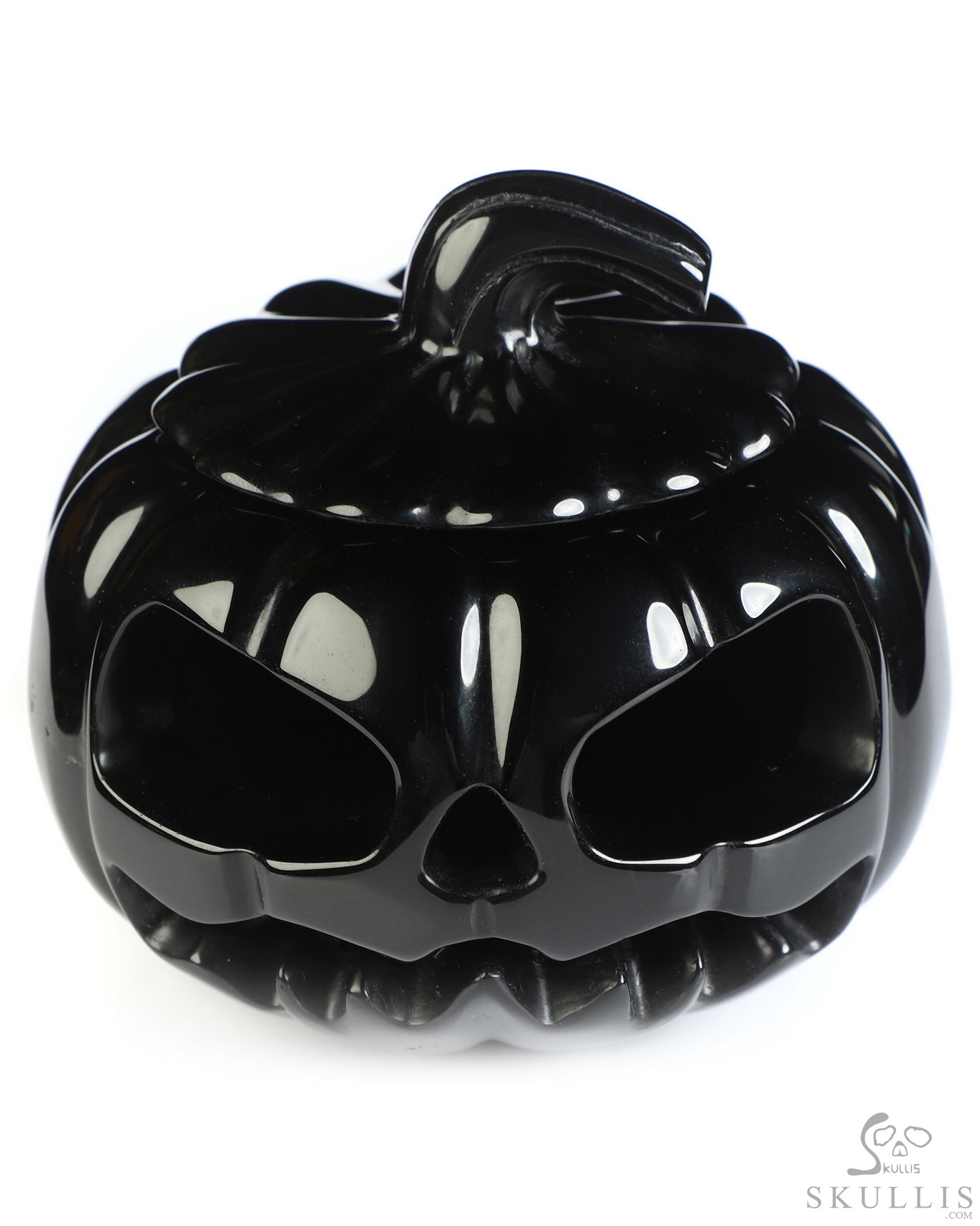 4.0" Black Obsidian Hand Carved Hollow Pumpkin Crystal Skull Sculpture, Crystal Healing 4.0" Black Obsidian Hand Carved Hollow Pumpkin Crystal Skull Sculpture, Crystal Healing