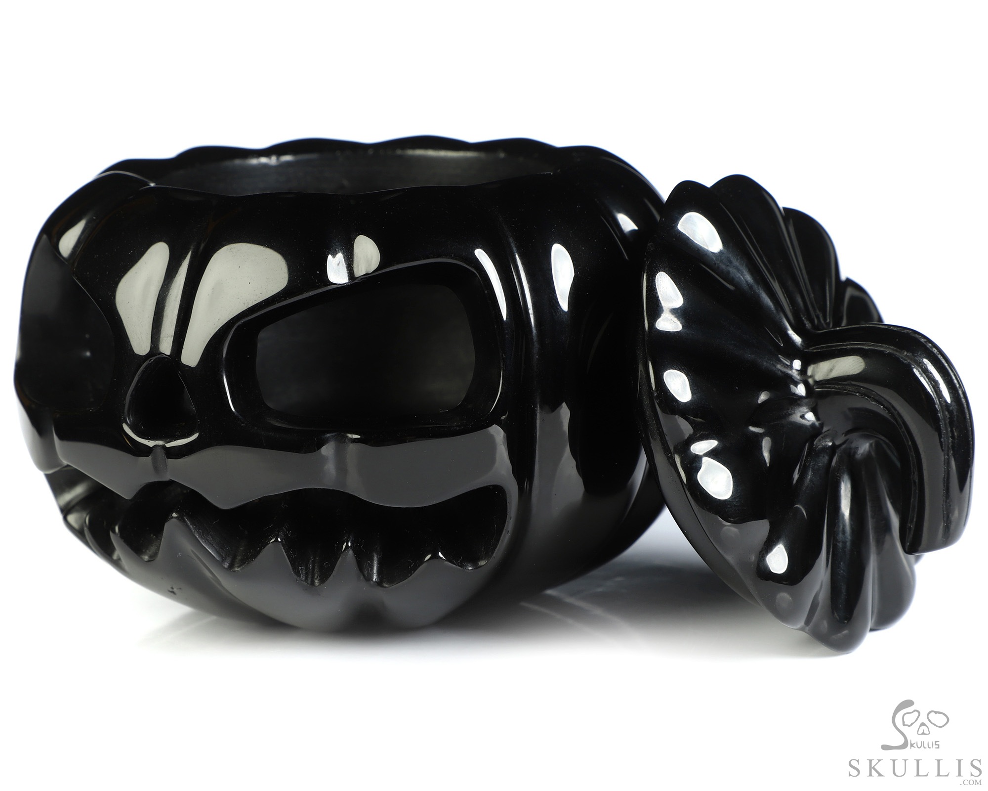 4.0" Black Obsidian Hand Carved Hollow Pumpkin Crystal Skull Sculpture, Crystal Healing 4.0" Black Obsidian Hand Carved Hollow Pumpkin Crystal Skull Sculpture, Crystal Healing