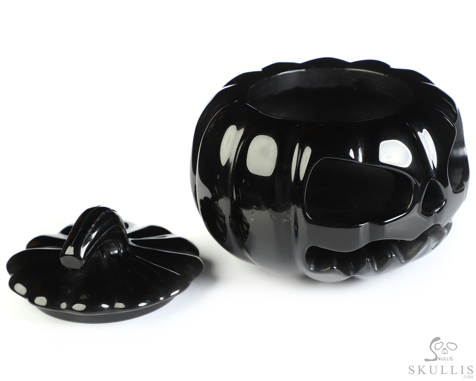 4.0" Black Obsidian Hand Carved Hollow Pumpkin Crystal Skull Sculpture, Crystal Healing 4.0" Black Obsidian Hand Carved Hollow Pumpkin Crystal Skull Sculpture, Crystal Healing