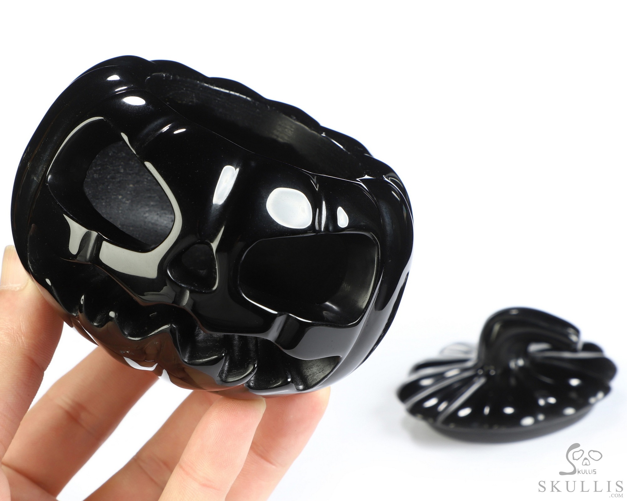 4.0" Black Obsidian Hand Carved Hollow Pumpkin Crystal Skull Sculpture, Crystal Healing 4.0" Black Obsidian Hand Carved Hollow Pumpkin Crystal Skull Sculpture, Crystal Healing