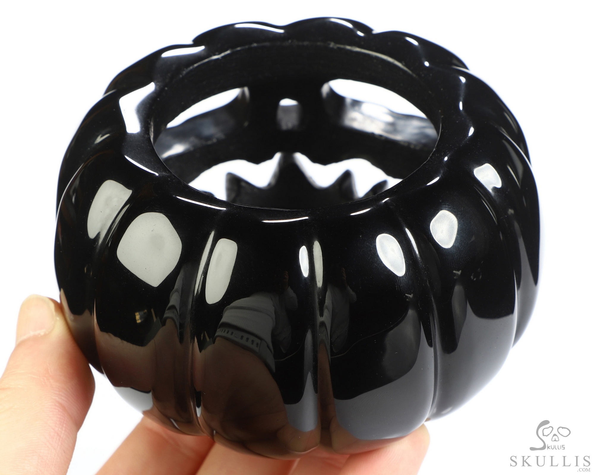 4.0" Black Obsidian Hand Carved Hollow Pumpkin Crystal Skull Sculpture, Crystal Healing 4.0" Black Obsidian Hand Carved Hollow Pumpkin Crystal Skull Sculpture, Crystal Healing