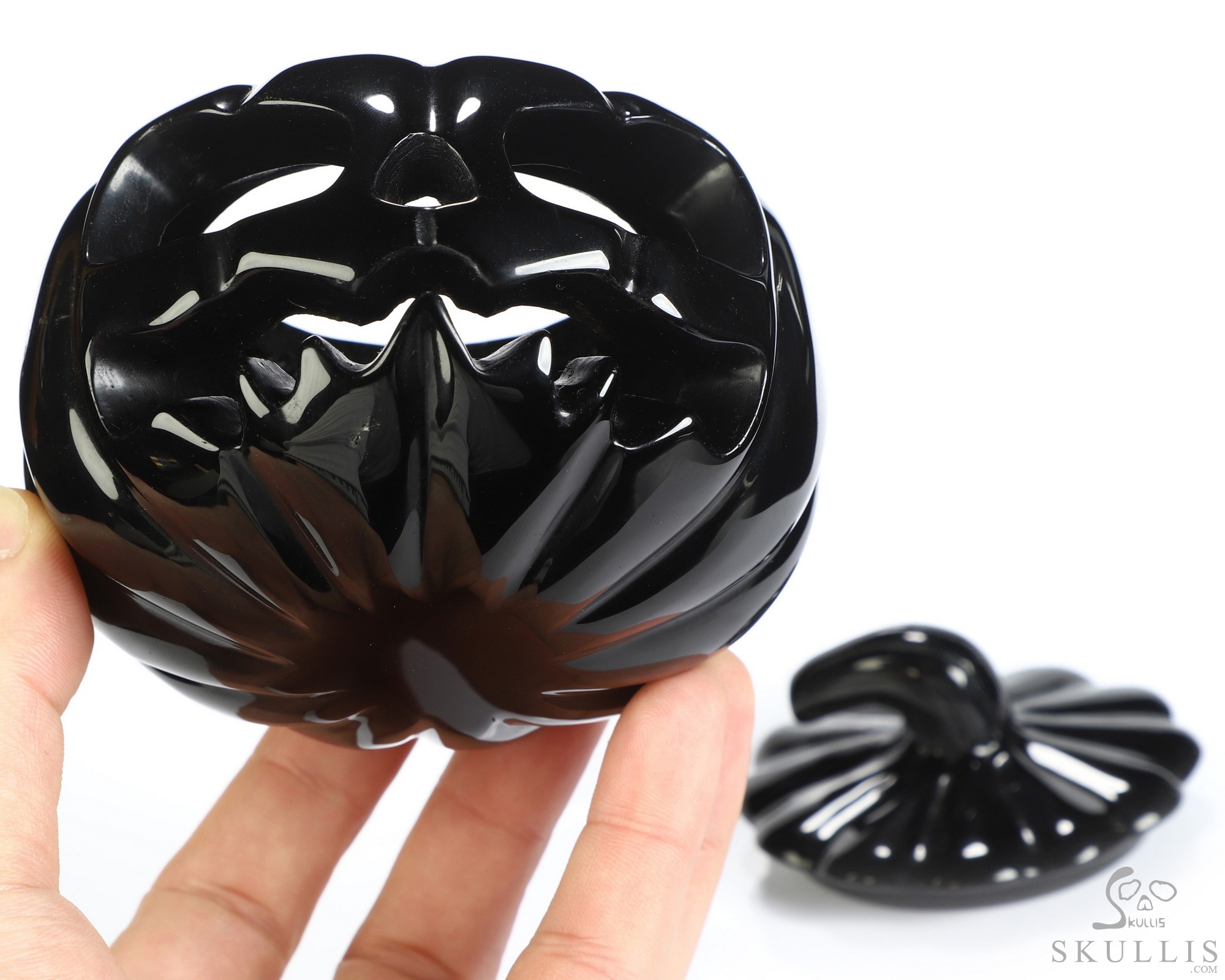 4.0" Black Obsidian Hand Carved Hollow Pumpkin Crystal Skull Sculpture, Crystal Healing 4.0" Black Obsidian Hand Carved Hollow Pumpkin Crystal Skull Sculpture, Crystal Healing