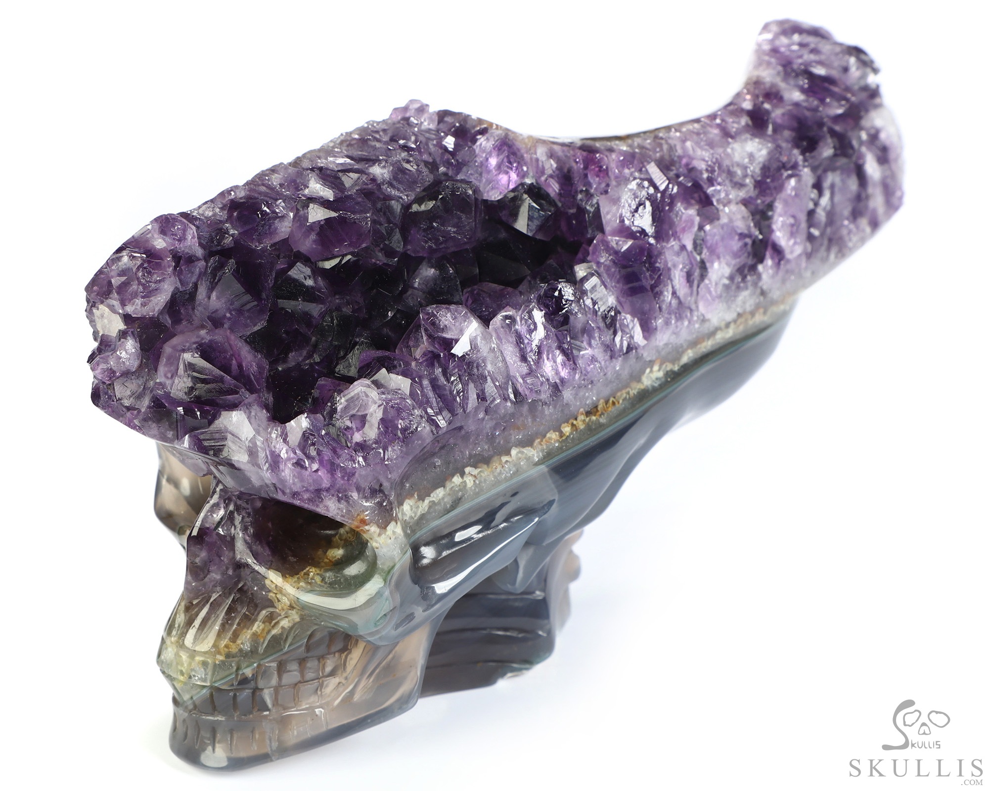 6.4" Agate Amethyst Geode Hand Carved Crystal Elongated Mayan Alien Skull with Spine Sculpture, Crystal Healing 6.4" Agate Amethyst Geode Hand Carved Crystal Elongated Mayan Alien Skull with Spine Sculpture, Crystal Healing