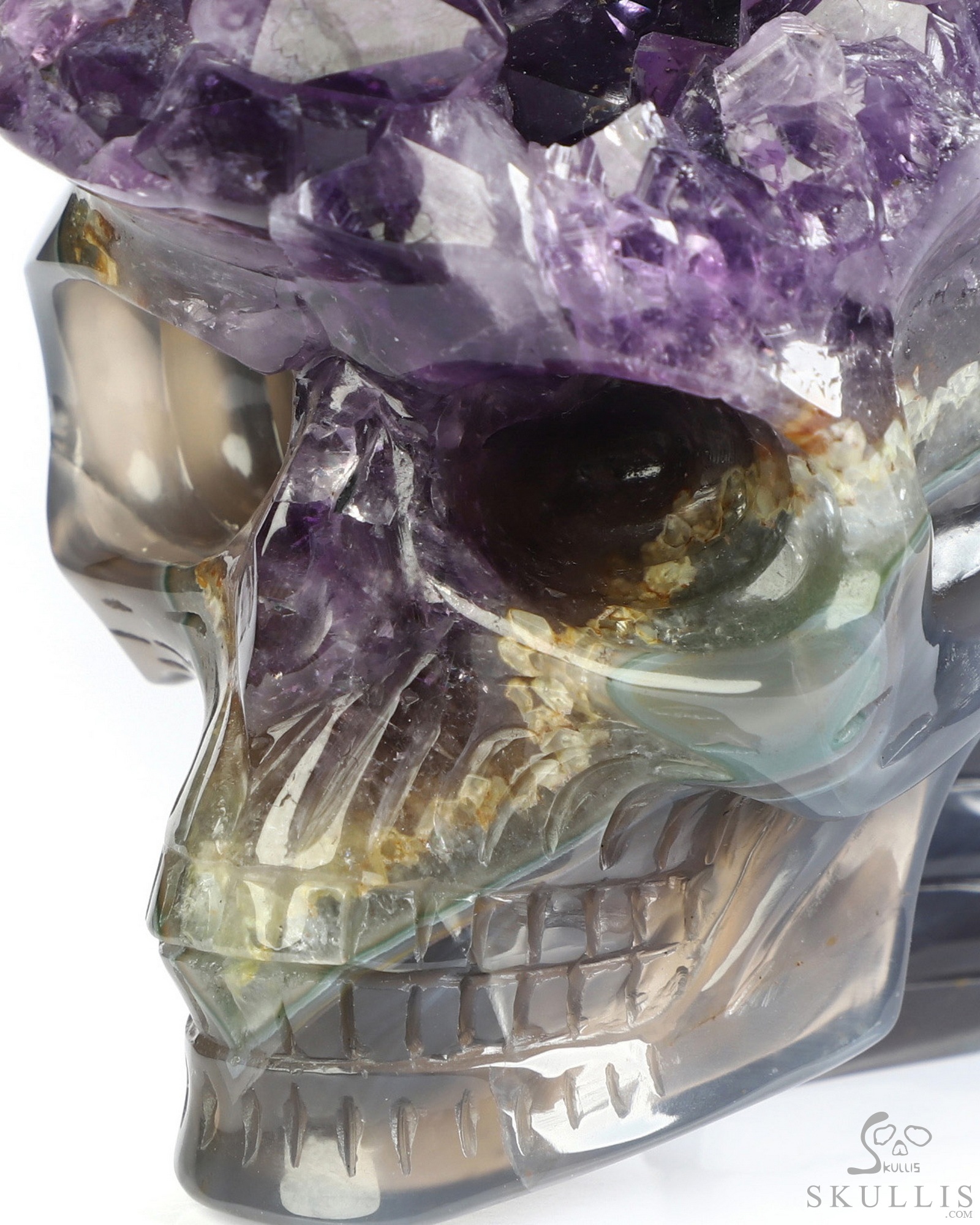 6.4" Agate Amethyst Geode Hand Carved Crystal Elongated Mayan Alien Skull with Spine Sculpture, Crystal Healing 6.4" Agate Amethyst Geode Hand Carved Crystal Elongated Mayan Alien Skull with Spine Sculpture, Crystal Healing