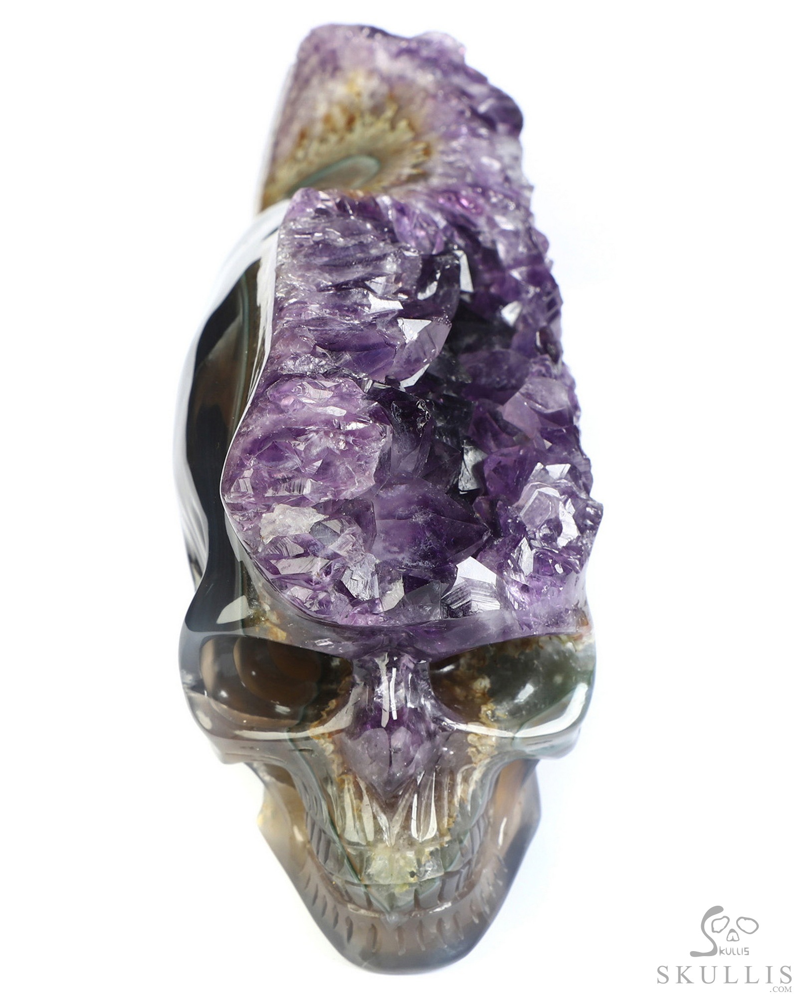 6.4" Agate Amethyst Geode Hand Carved Crystal Elongated Mayan Alien Skull with Spine Sculpture, Crystal Healing 6.4" Agate Amethyst Geode Hand Carved Crystal Elongated Mayan Alien Skull with Spine Sculpture, Crystal Healing
