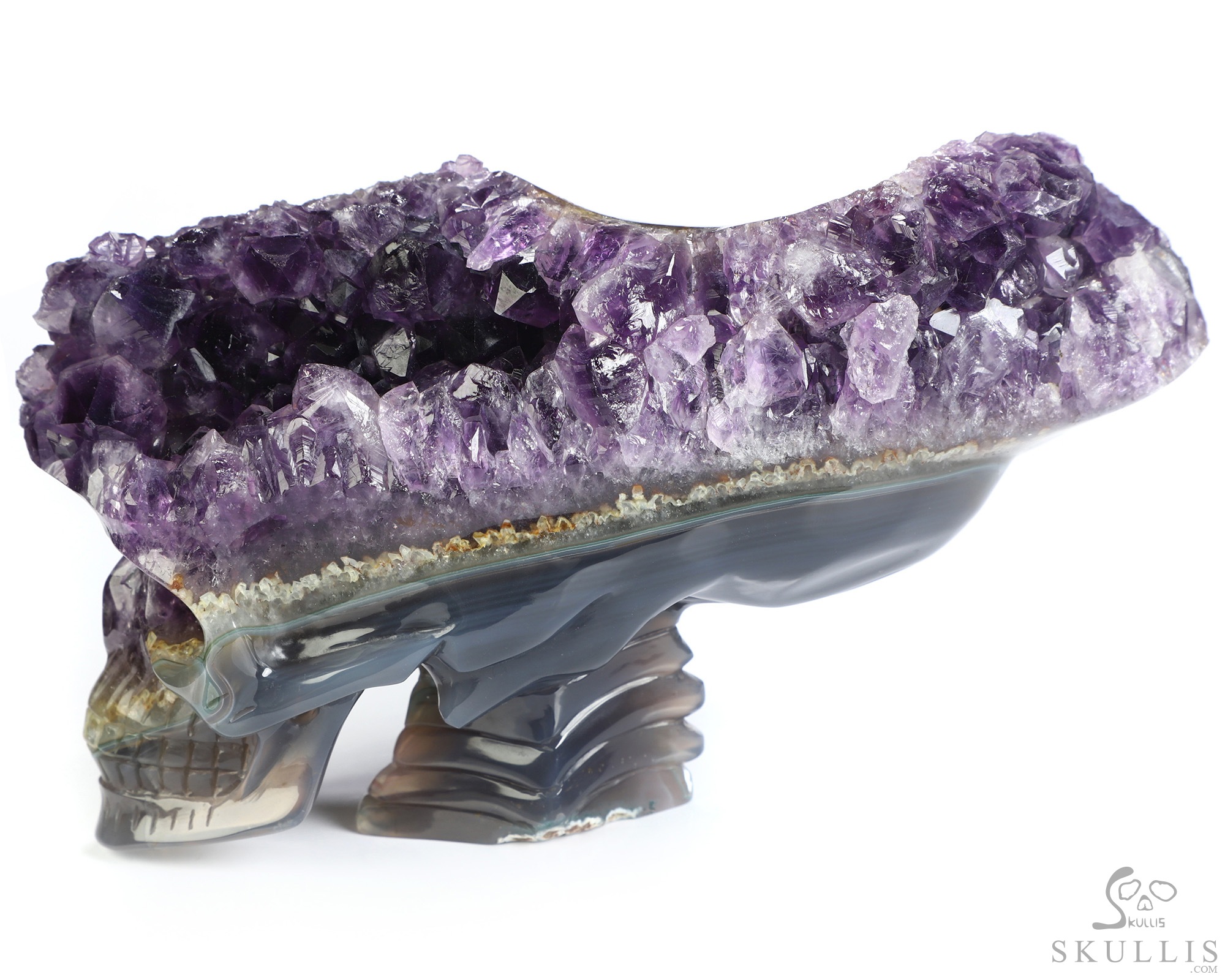 6.4" Agate Amethyst Geode Hand Carved Crystal Elongated Mayan Alien Skull with Spine Sculpture, Crystal Healing 6.4" Agate Amethyst Geode Hand Carved Crystal Elongated Mayan Alien Skull with Spine Sculpture, Crystal Healing