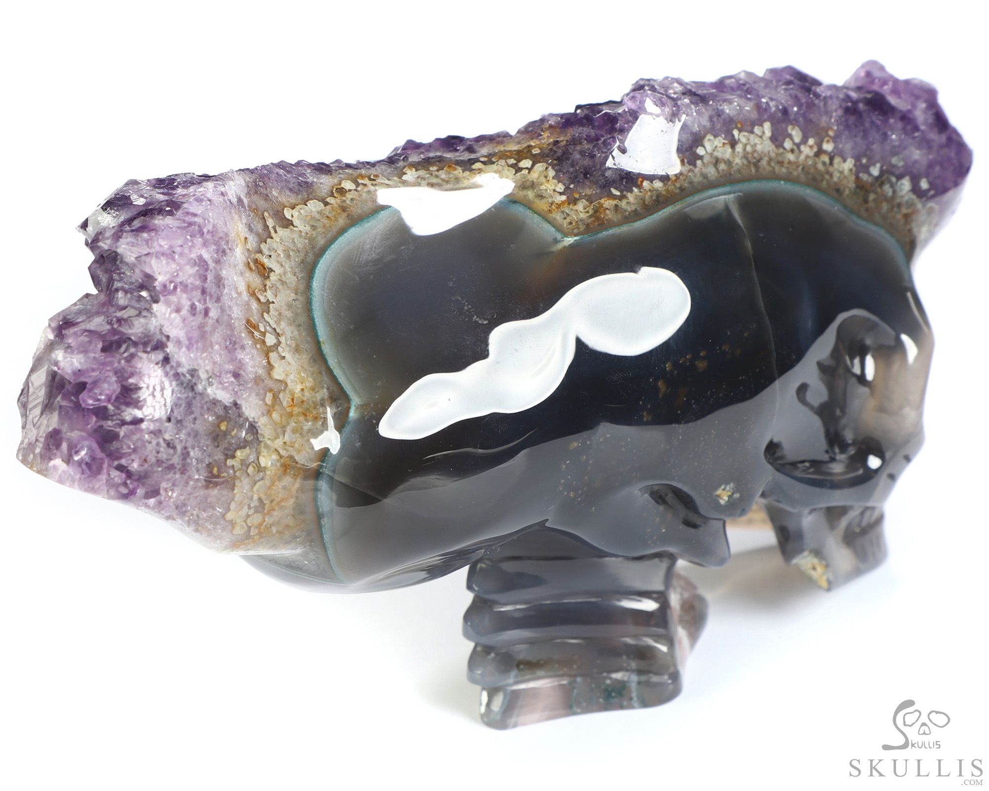 6.4" Agate Amethyst Geode Hand Carved Crystal Elongated Mayan Alien Skull with Spine Sculpture, Crystal Healing 6.4" Agate Amethyst Geode Hand Carved Crystal Elongated Mayan Alien Skull with Spine Sculpture, Crystal Healing