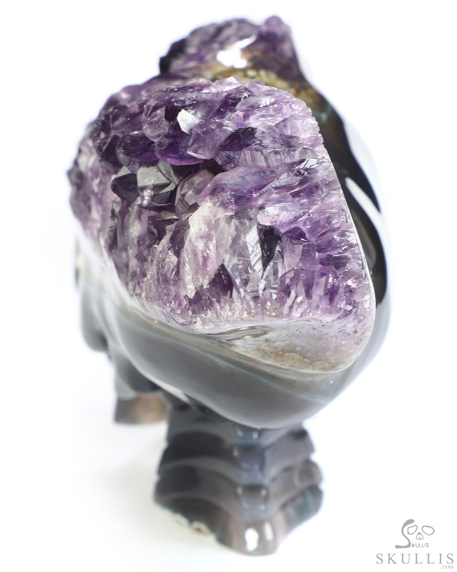 6.4" Agate Amethyst Geode Hand Carved Crystal Elongated Mayan Alien Skull with Spine Sculpture, Crystal Healing 6.4" Agate Amethyst Geode Hand Carved Crystal Elongated Mayan Alien Skull with Spine Sculpture, Crystal Healing