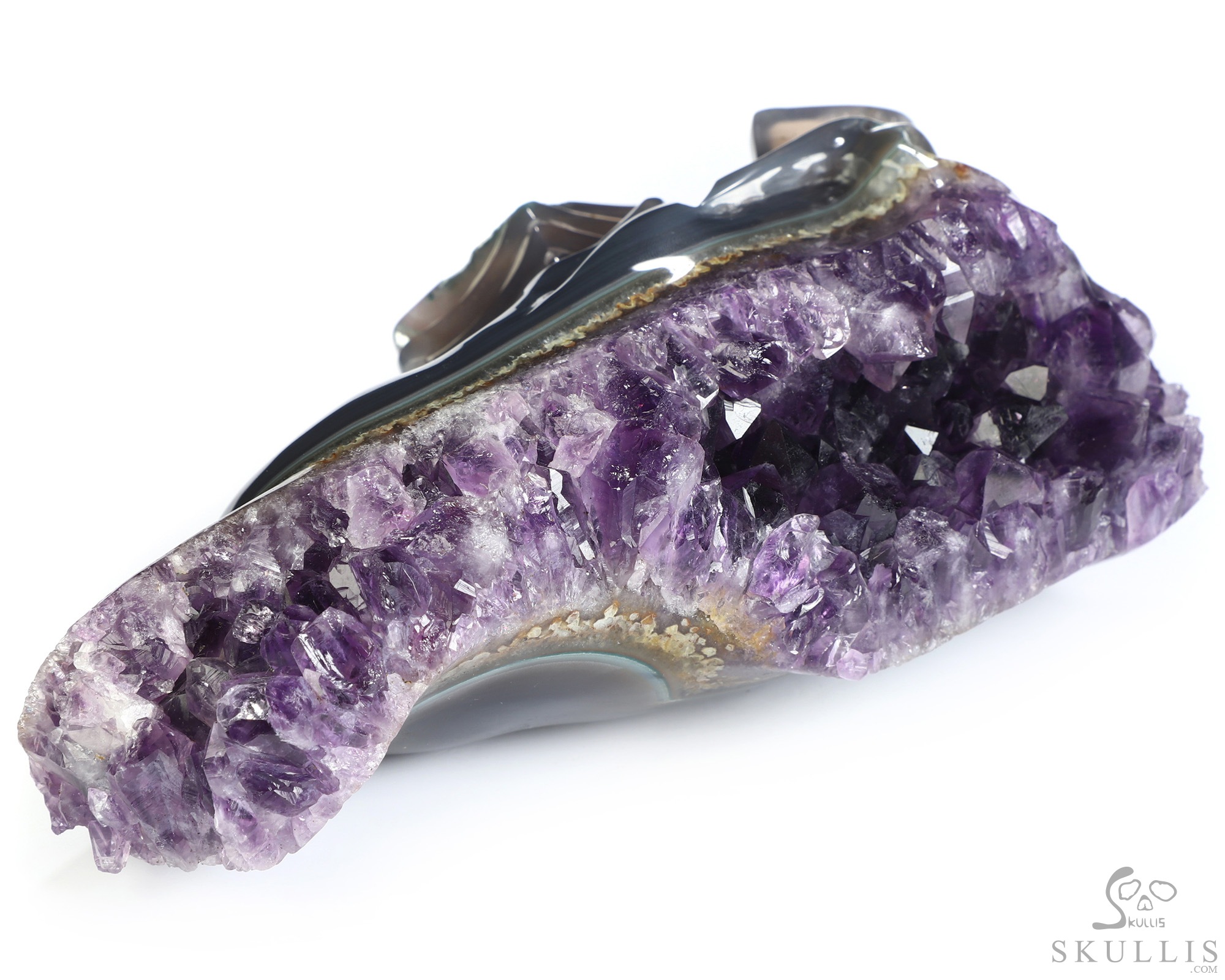 6.4" Agate Amethyst Geode Hand Carved Crystal Elongated Mayan Alien Skull with Spine Sculpture, Crystal Healing 6.4" Agate Amethyst Geode Hand Carved Crystal Elongated Mayan Alien Skull with Spine Sculpture, Crystal Healing