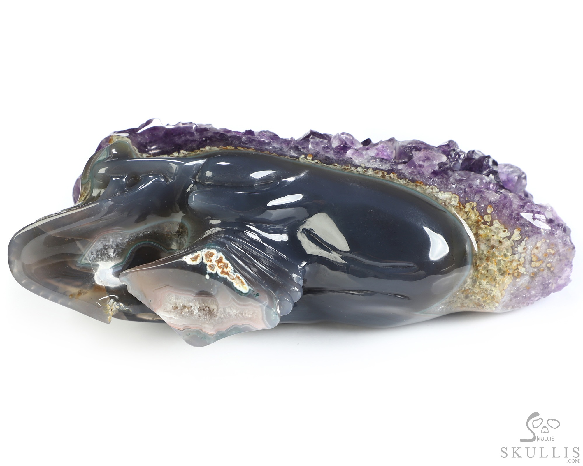 6.4" Agate Amethyst Geode Hand Carved Crystal Elongated Mayan Alien Skull with Spine Sculpture, Crystal Healing 6.4" Agate Amethyst Geode Hand Carved Crystal Elongated Mayan Alien Skull with Spine Sculpture, Crystal Healing
