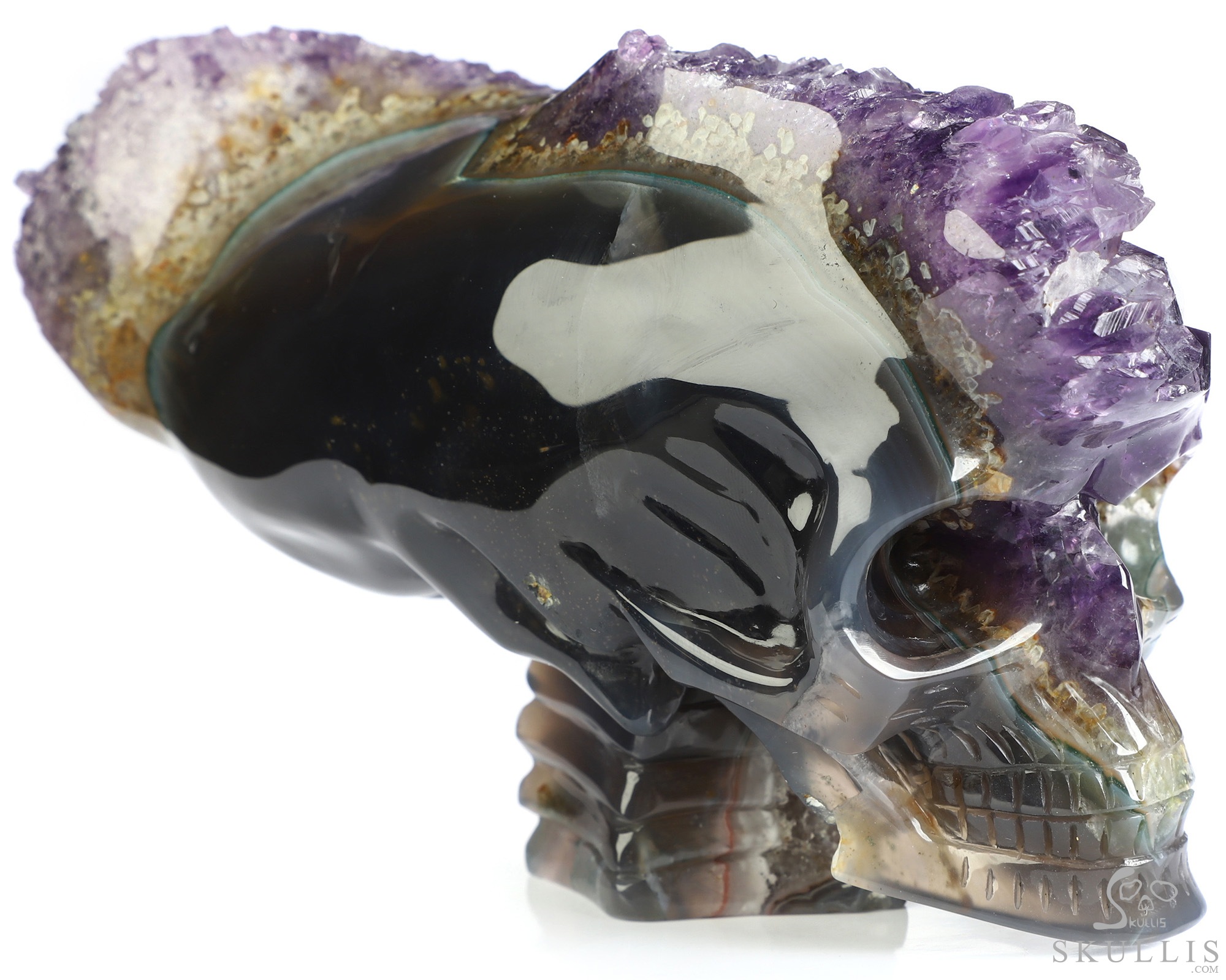 6.4" Agate Amethyst Geode Hand Carved Crystal Elongated Mayan Alien Skull with Spine Sculpture, Crystal Healing 6.4" Agate Amethyst Geode Hand Carved Crystal Elongated Mayan Alien Skull with Spine Sculpture, Crystal Healing