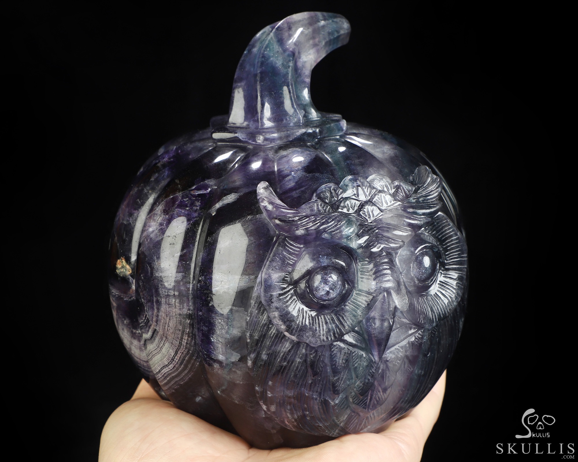 5.2" Fluorite Hand Carved Hollow Crystal Owl Pumpkin Fine Art Sculpture Lamp/Light, Crystal Healing 5.2" Fluorite Hand Carved Hollow Crystal Owl Pumpkin Fine Art Sculpture Lamp/Light, Crystal Healing