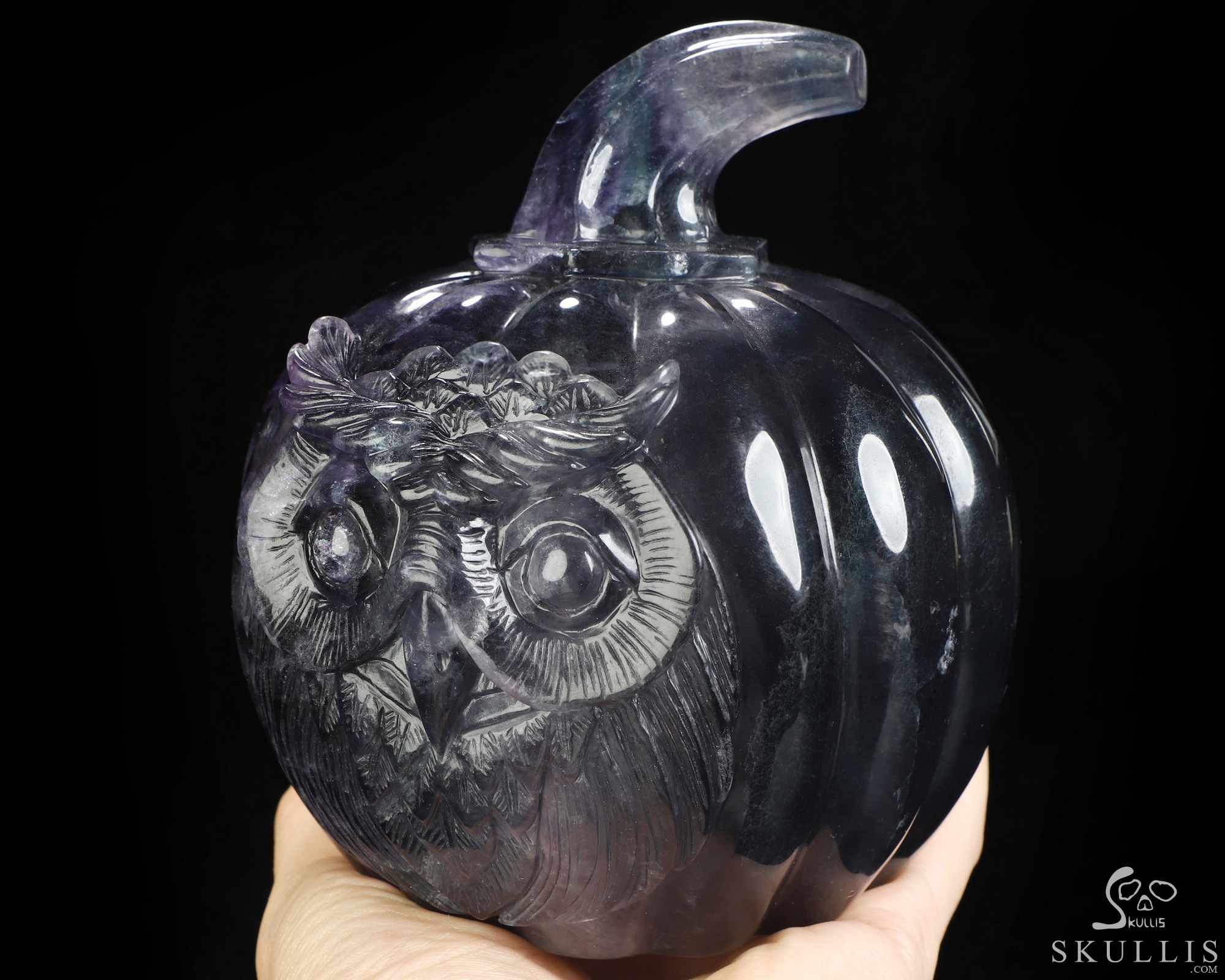 5.2" Fluorite Hand Carved Hollow Crystal Owl Pumpkin Fine Art Sculpture Lamp/Light, Crystal Healing 5.2" Fluorite Hand Carved Hollow Crystal Owl Pumpkin Fine Art Sculpture Lamp/Light, Crystal Healing