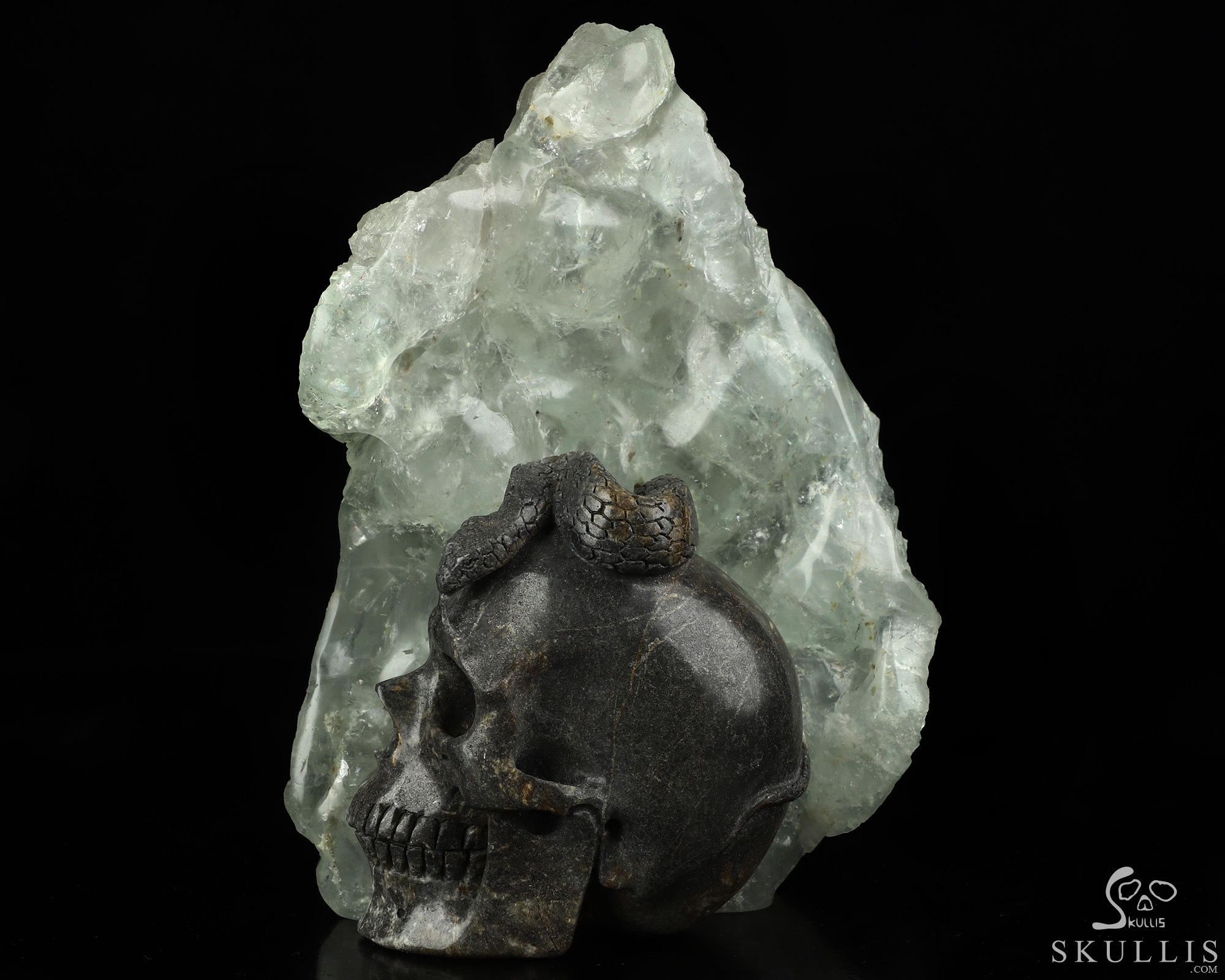 7.5" Fluorite Hand Carved Crystal Skull and Snake Fine Art Sculpture, Crystal Healing 7.5" Fluorite Hand Carved Crystal Skull and Snake Fine Art Sculpture, Crystal Healing