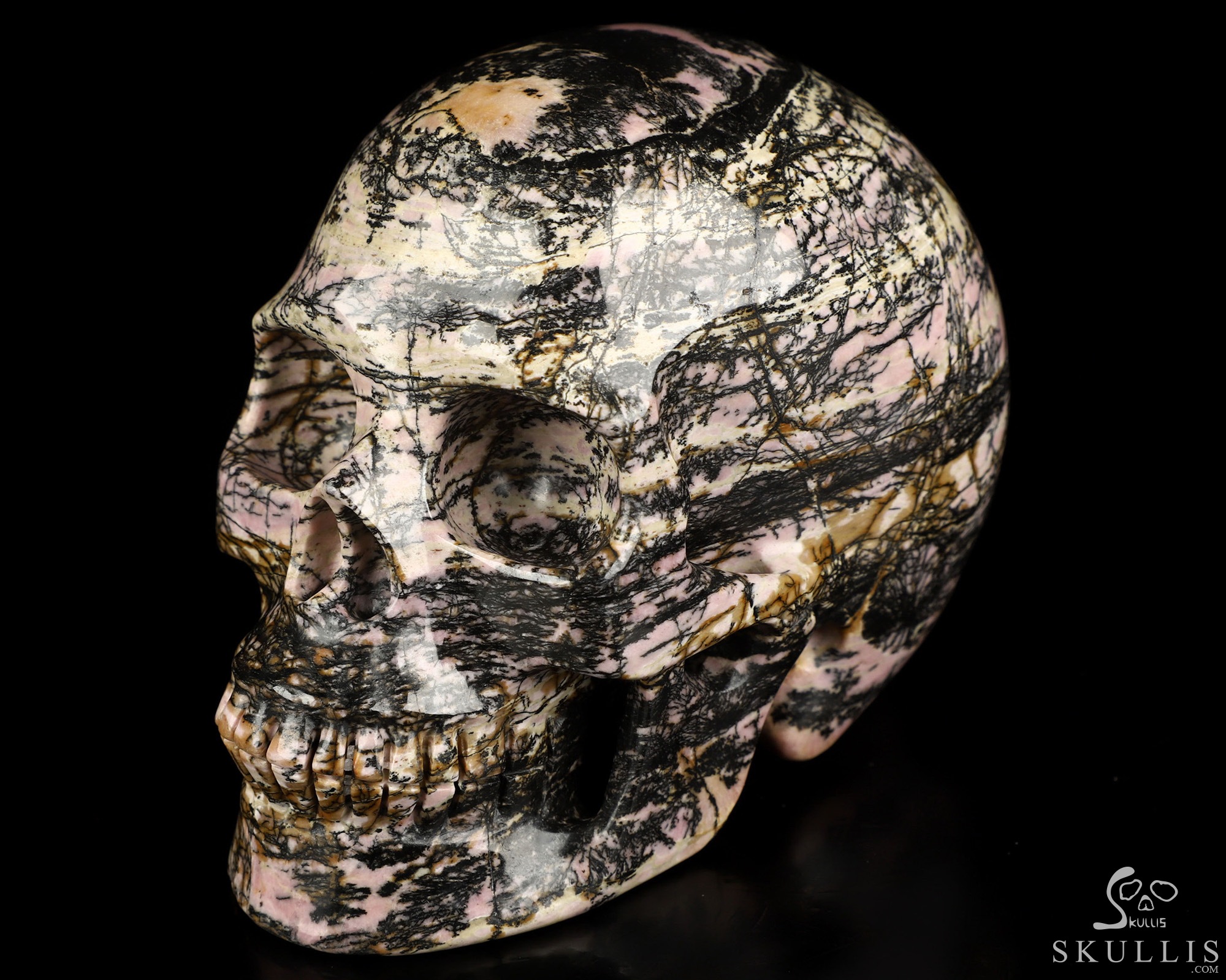 4.4" Pink & Black Rhodonite Hand Carved Crystal Skull, Realistic, Crystal Healing 4.4" Pink & Black Rhodonite Hand Carved Crystal Skull, Realistic, Crystal Healing