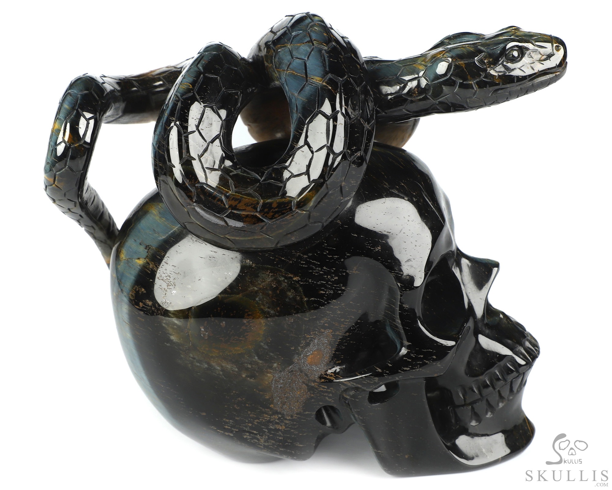 5.3" Blue & Gold Tiger's Eye Hand Carved Crystal Skull and Snake Sculpture, Crystal Healing 5.3" Blue & Gold Tiger's Eye Hand Carved Crystal Skull and Snake Sculpture, Crystal Healing