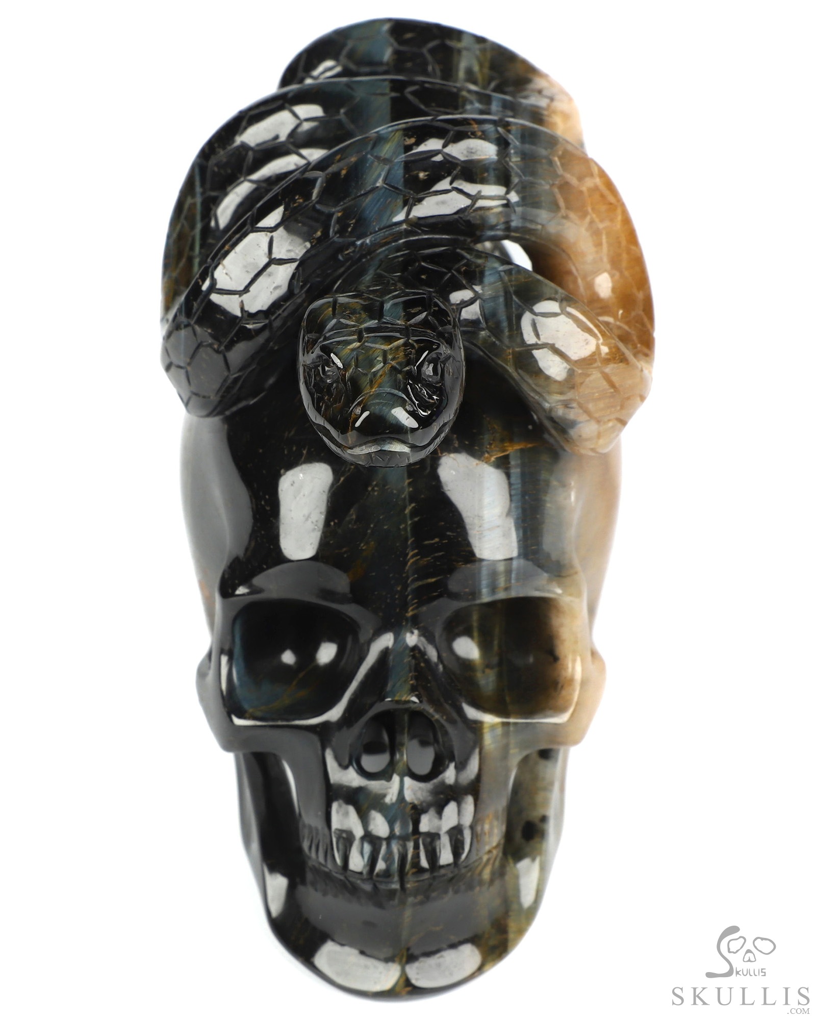 5.3" Blue & Gold Tiger's Eye Hand Carved Crystal Skull and Snake Sculpture, Crystal Healing 5.3" Blue & Gold Tiger's Eye Hand Carved Crystal Skull and Snake Sculpture, Crystal Healing
