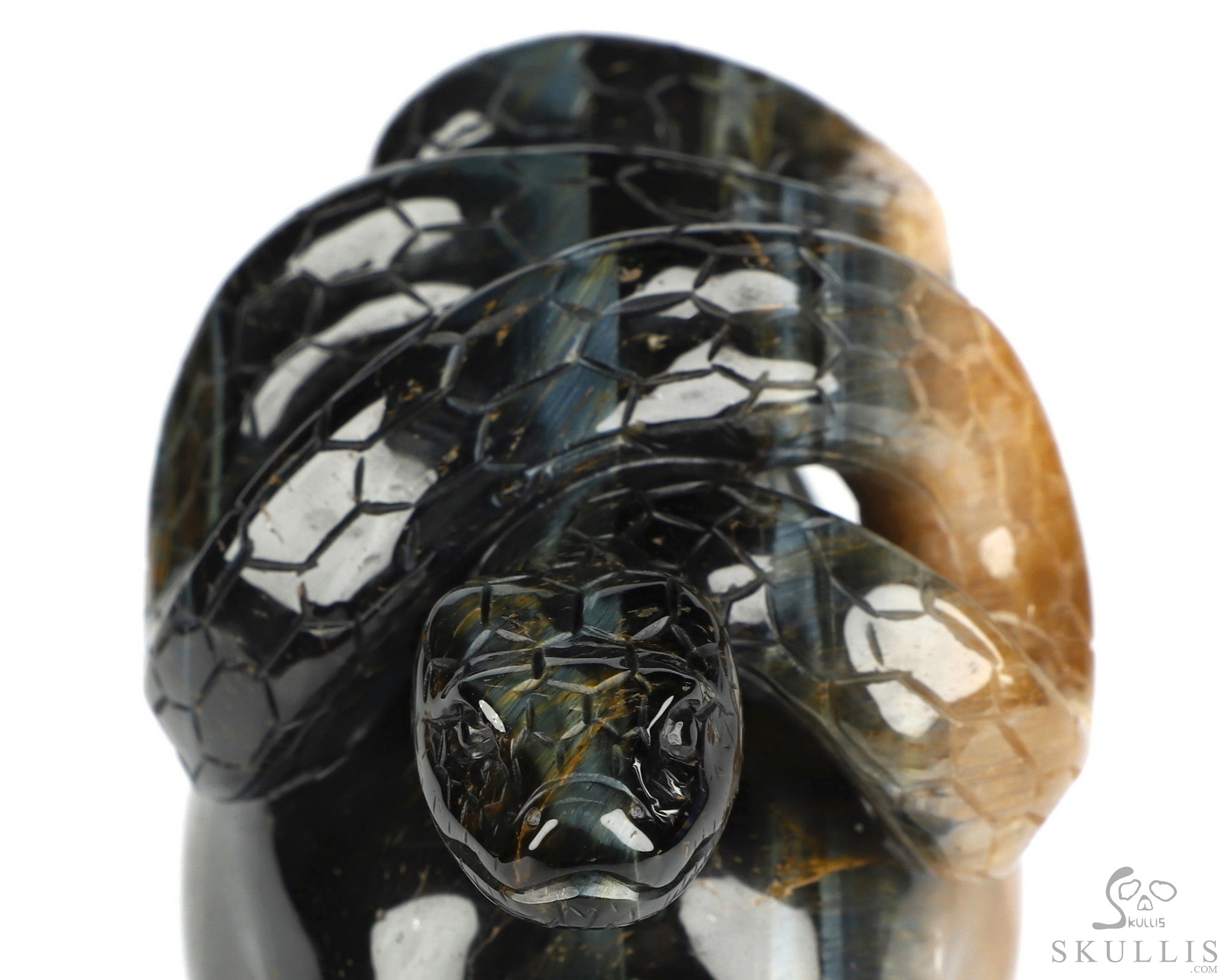 5.3" Blue & Gold Tiger's Eye Hand Carved Crystal Skull and Snake Sculpture, Crystal Healing 5.3" Blue & Gold Tiger's Eye Hand Carved Crystal Skull and Snake Sculpture, Crystal Healing