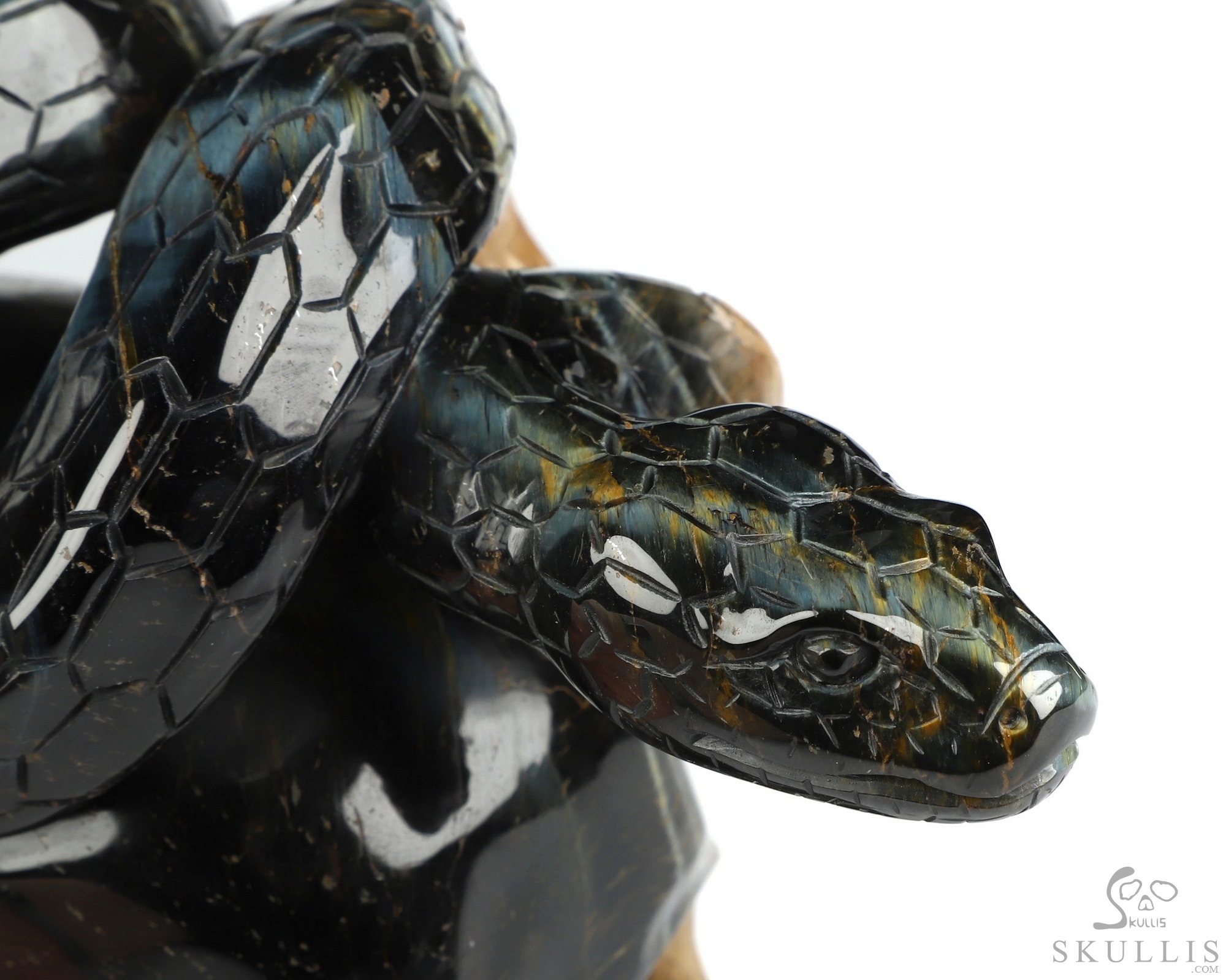 5.3" Blue & Gold Tiger's Eye Hand Carved Crystal Skull and Snake Sculpture, Crystal Healing 5.3" Blue & Gold Tiger's Eye Hand Carved Crystal Skull and Snake Sculpture, Crystal Healing