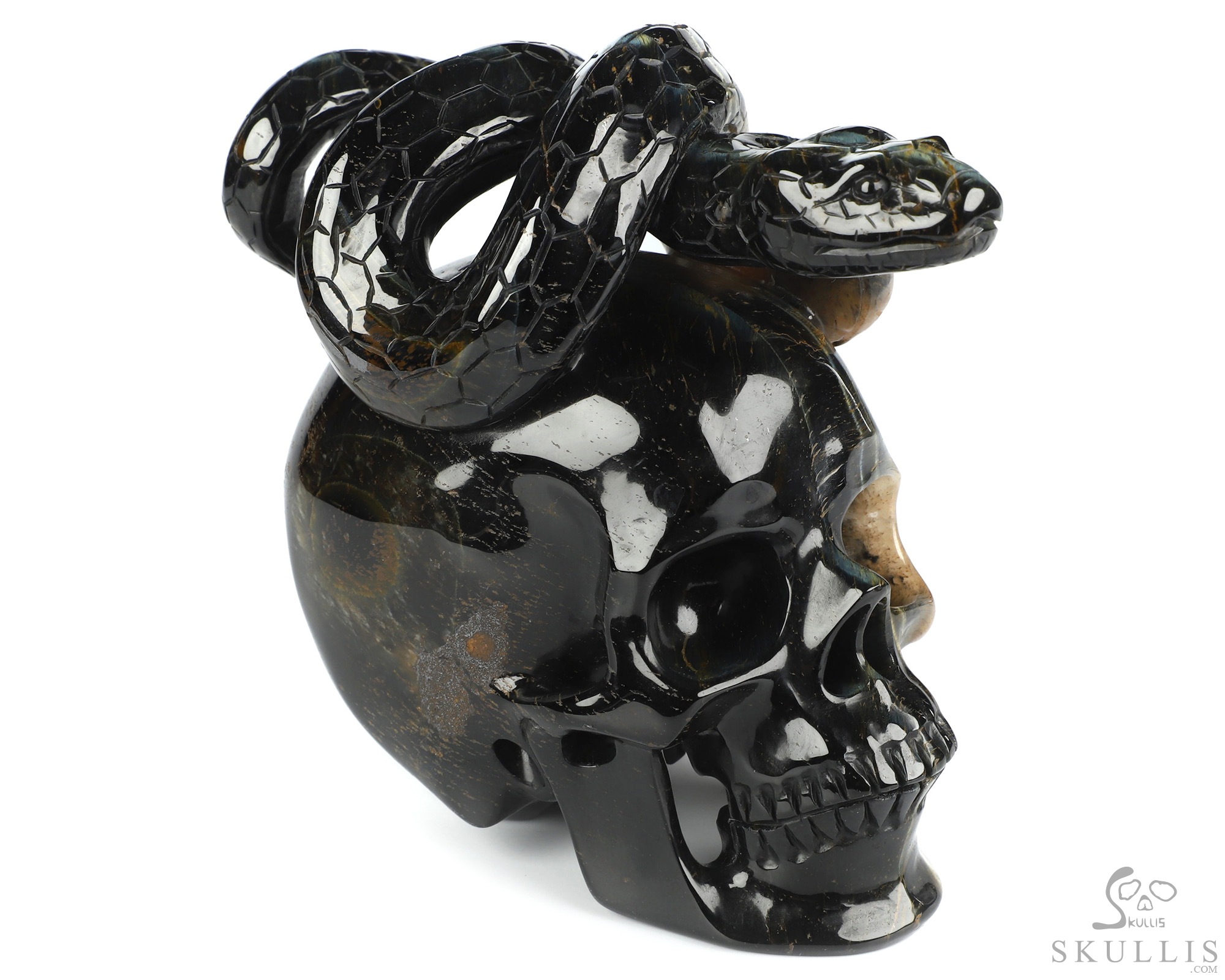 5.3" Blue & Gold Tiger's Eye Hand Carved Crystal Skull and Snake Sculpture, Crystal Healing 5.3" Blue & Gold Tiger's Eye Hand Carved Crystal Skull and Snake Sculpture, Crystal Healing