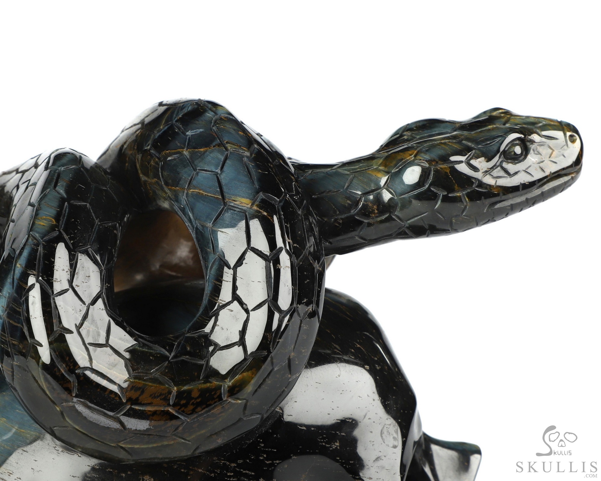 5.3" Blue & Gold Tiger's Eye Hand Carved Crystal Skull and Snake Sculpture, Crystal Healing 5.3" Blue & Gold Tiger's Eye Hand Carved Crystal Skull and Snake Sculpture, Crystal Healing