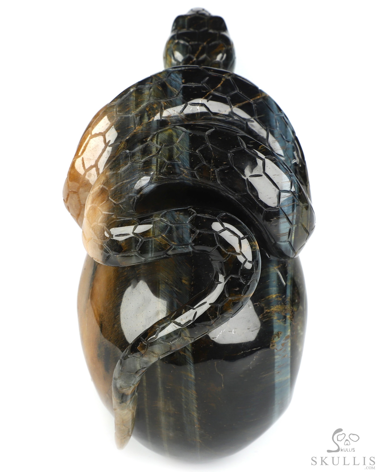 5.3" Blue & Gold Tiger's Eye Hand Carved Crystal Skull and Snake Sculpture, Crystal Healing 5.3" Blue & Gold Tiger's Eye Hand Carved Crystal Skull and Snake Sculpture, Crystal Healing