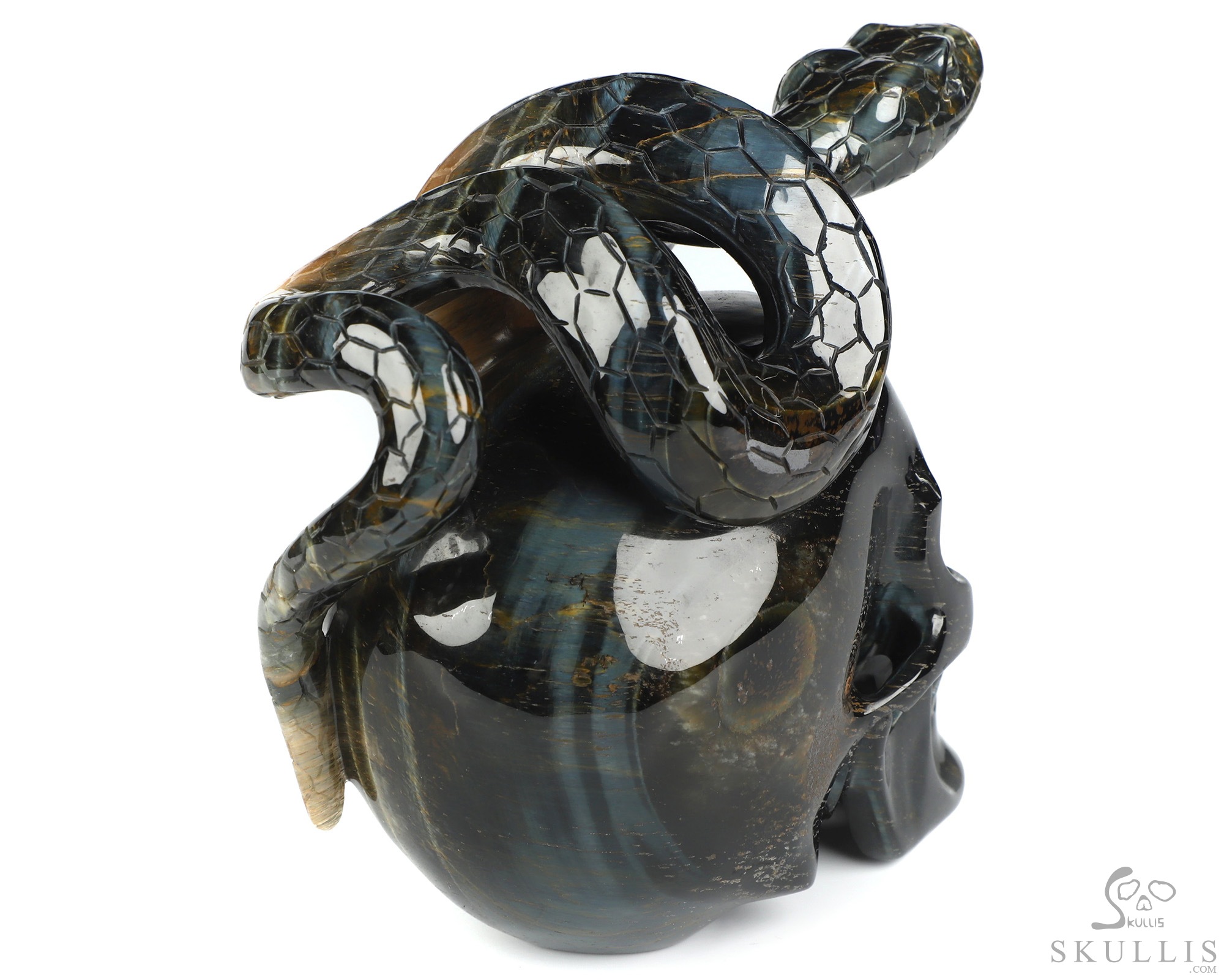 5.3" Blue & Gold Tiger's Eye Hand Carved Crystal Skull and Snake Sculpture, Crystal Healing 5.3" Blue & Gold Tiger's Eye Hand Carved Crystal Skull and Snake Sculpture, Crystal Healing