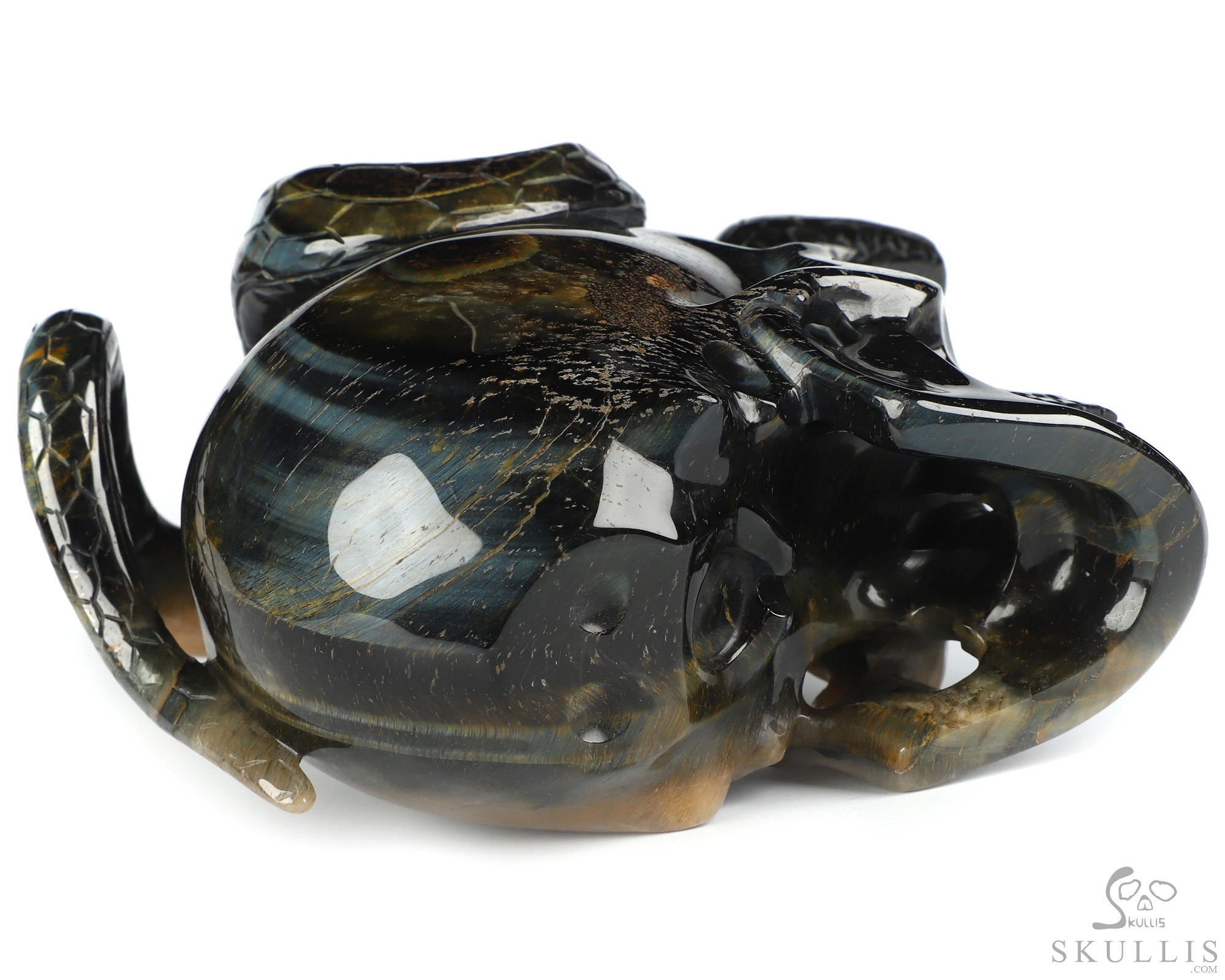 5.3" Blue & Gold Tiger's Eye Hand Carved Crystal Skull and Snake Sculpture, Crystal Healing 5.3" Blue & Gold Tiger's Eye Hand Carved Crystal Skull and Snake Sculpture, Crystal Healing