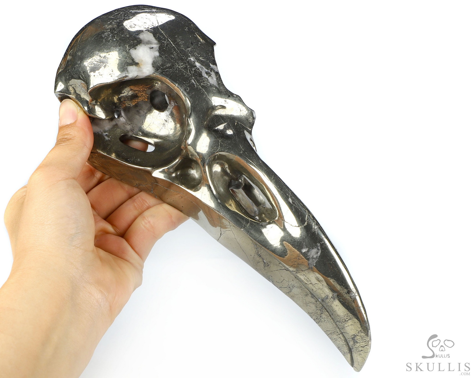 11.9" Pyrite Hand Carved Raven Crystal Skull Sculpture, Crystal Healing 11.9" Pyrite Hand Carved Raven Crystal Skull Sculpture, Crystal Healing