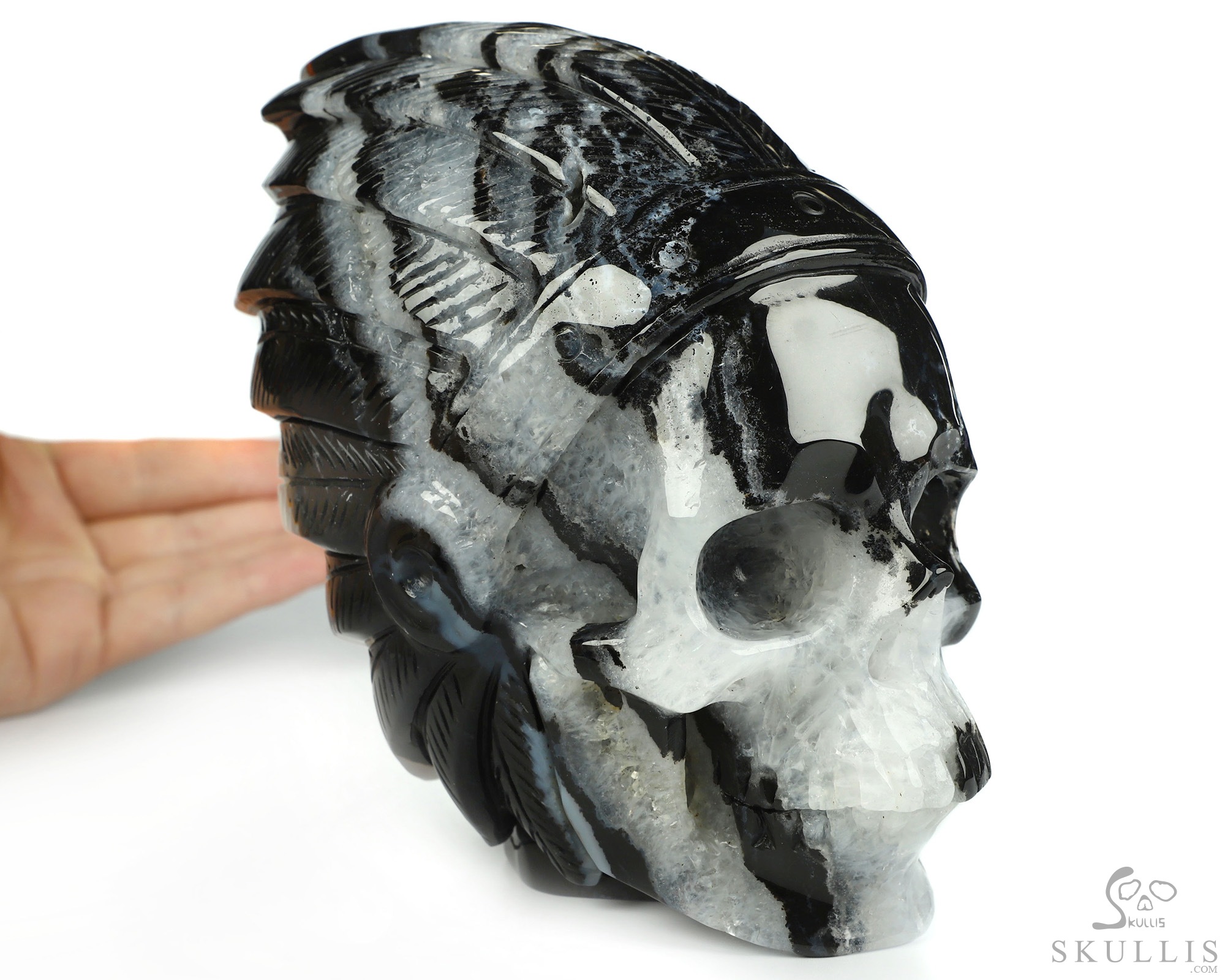 5.7" Black Zebra Agate Hand Carved Indian Crystal Skull Sculpture, Crystal Healing 5.7" Black Zebra Agate Hand Carved Indian Crystal Skull Sculpture, Crystal Healing