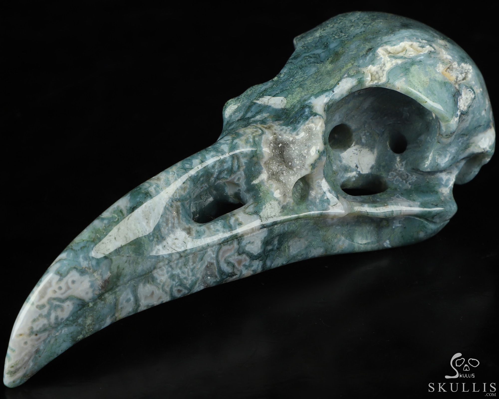 4.9" Green Moss Agate Hand Carved Raven Crystal Skull Sculpture, Crystal Healing 4.9" Green Moss Agate Hand Carved Raven Crystal Skull Sculpture, Crystal Healing