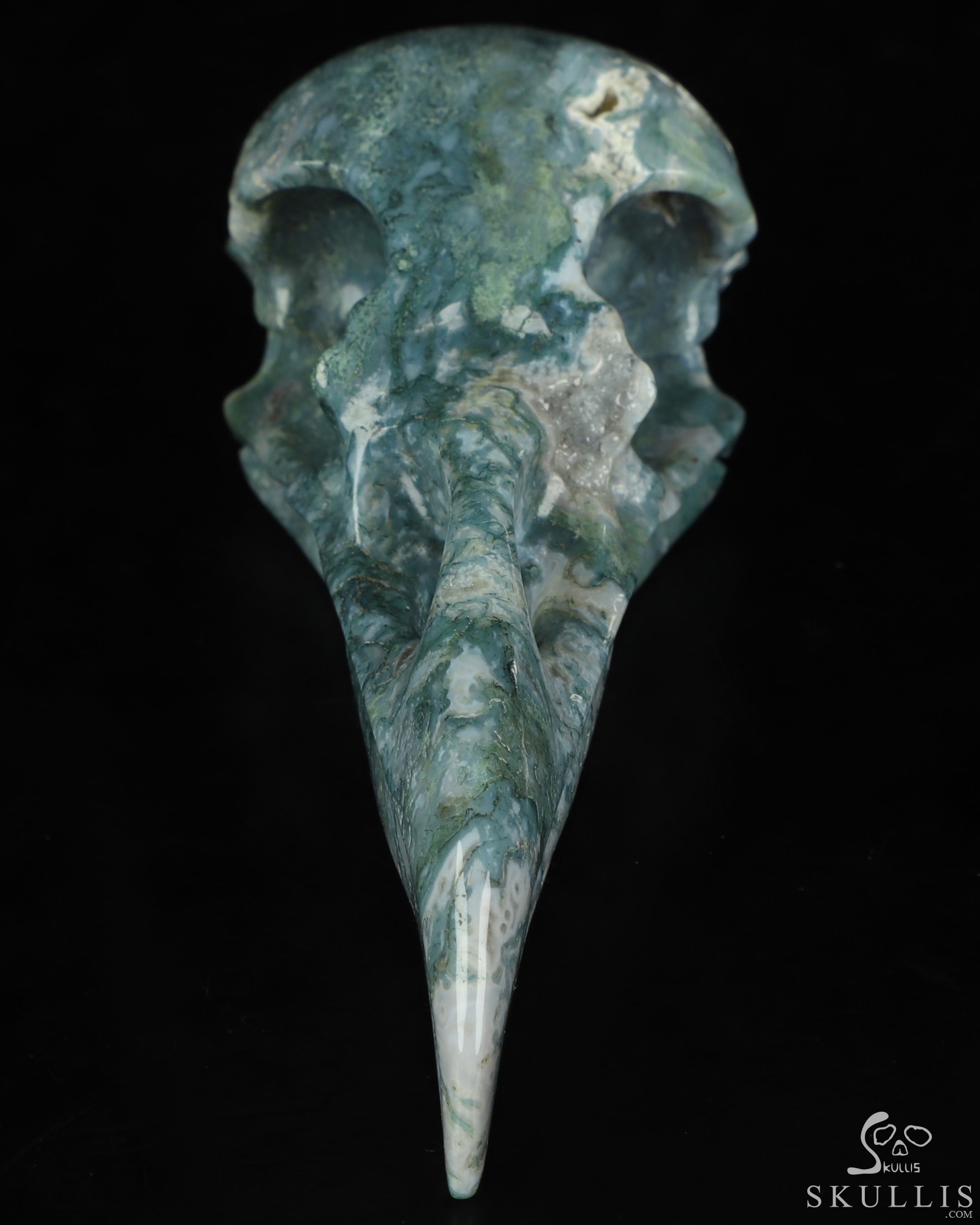 4.9" Green Moss Agate Hand Carved Raven Crystal Skull Sculpture, Crystal Healing 4.9" Green Moss Agate Hand Carved Raven Crystal Skull Sculpture, Crystal Healing